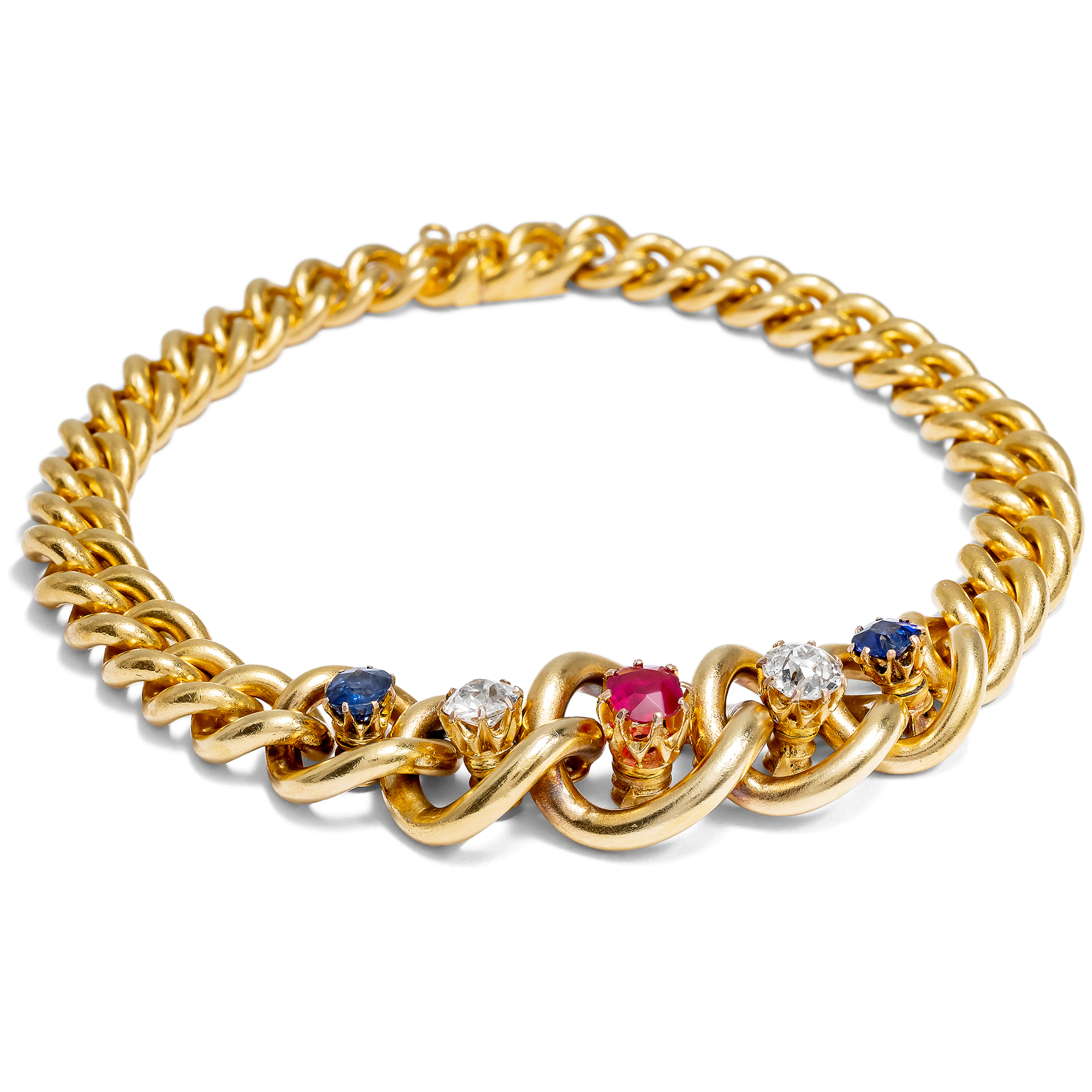 Magnificent Gold Curb Bracelet with Untreated Ruby, Sapphires & Diamonds