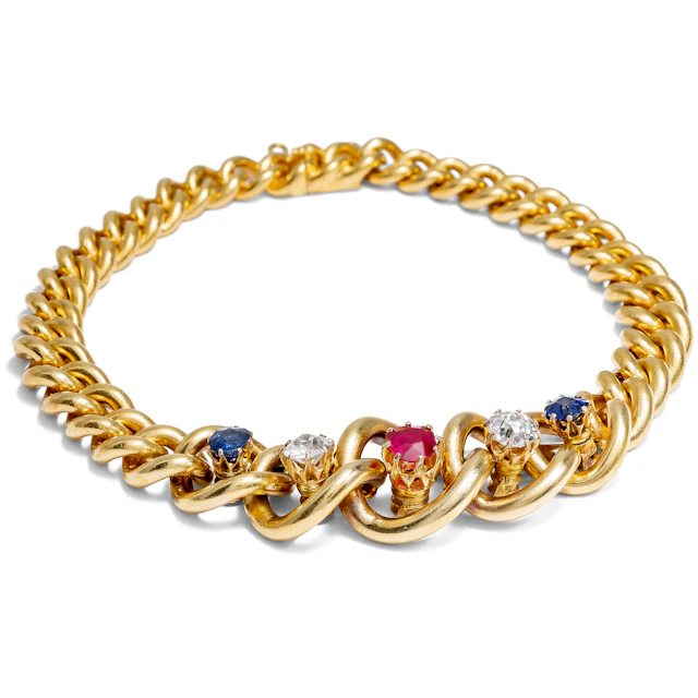 Magnificent Gold Curb Bracelet with Untreated Ruby, Sapphires & Diamonds