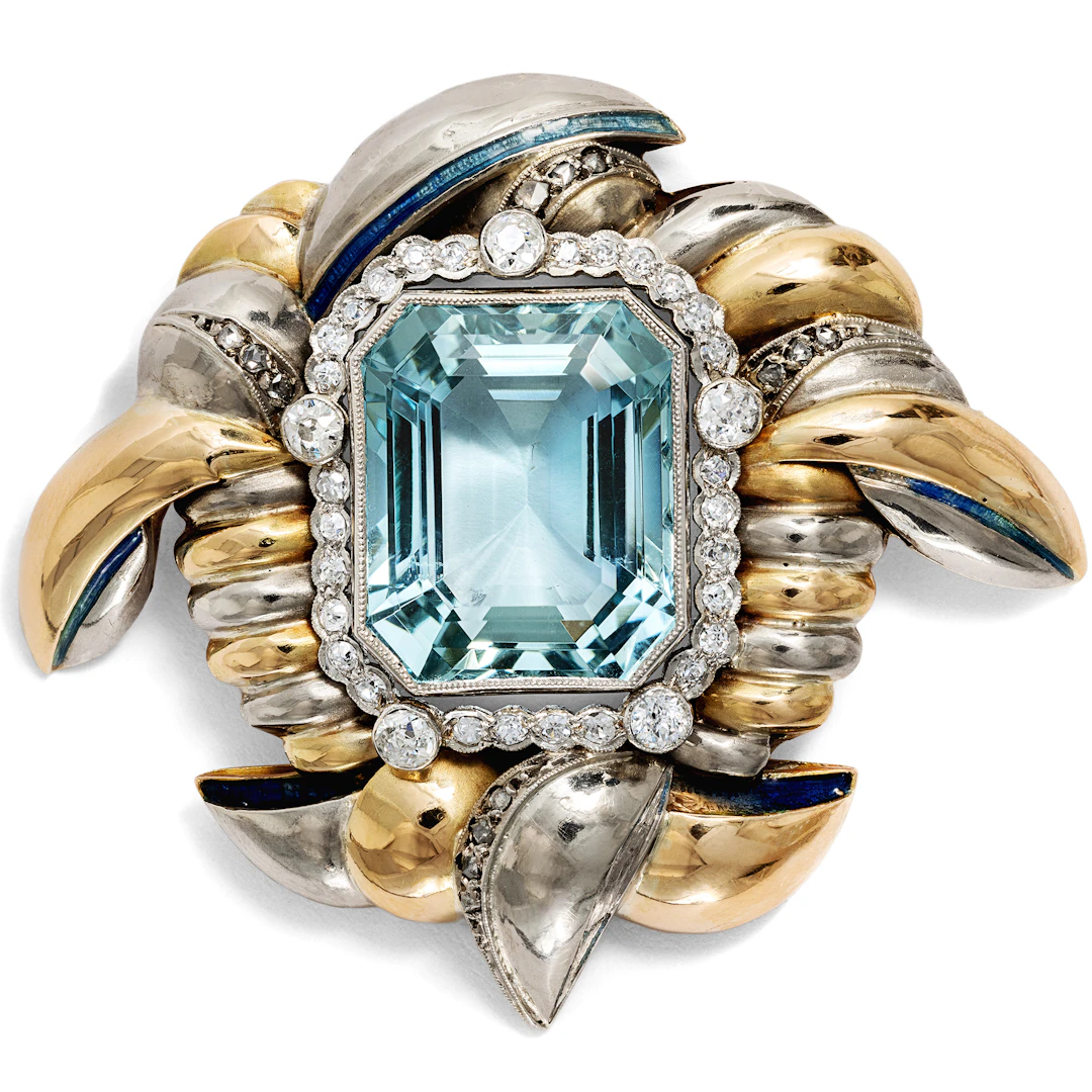 Unusual Aquamarine and Diamond Retro Style Brooch, c. 1940s