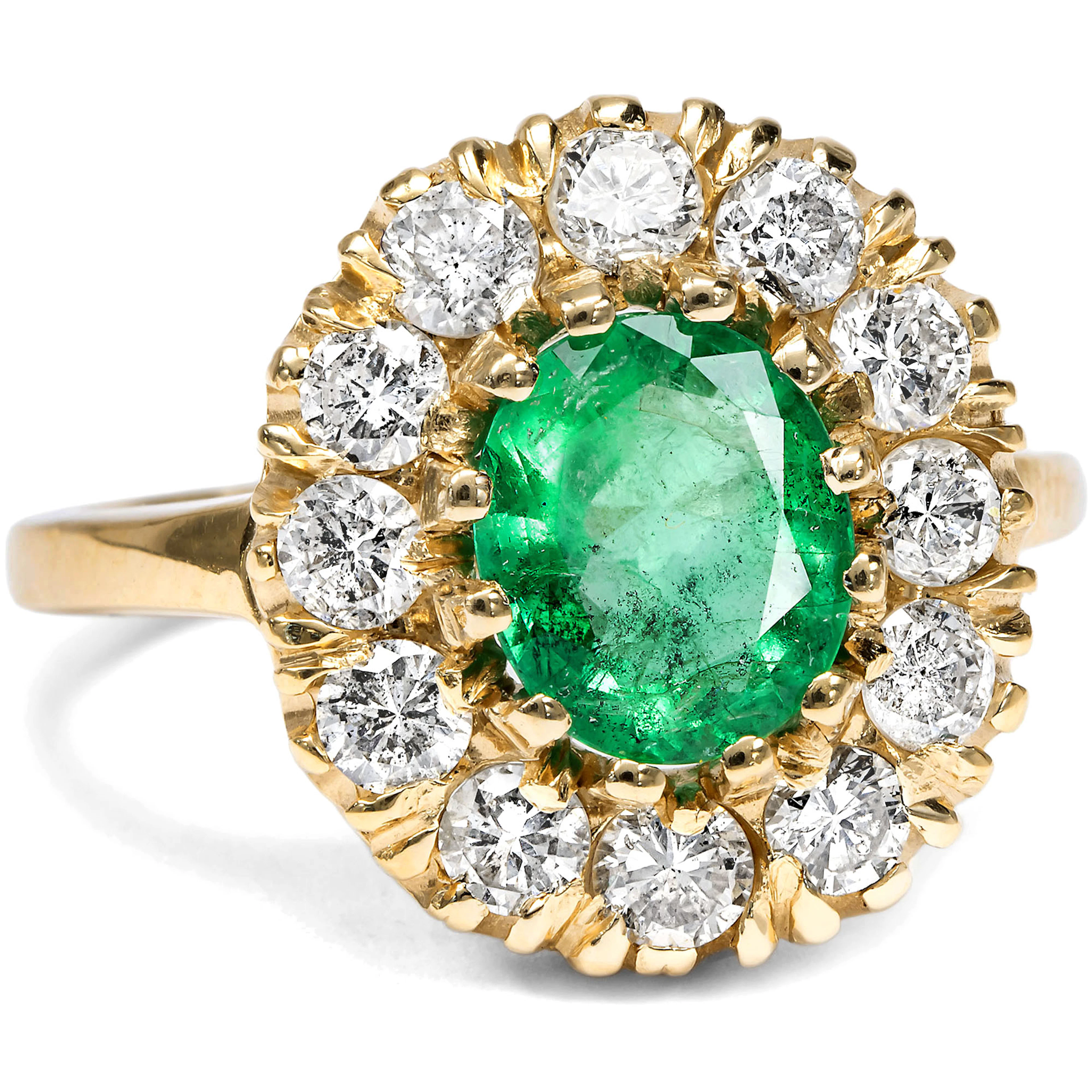 Vintage Emerald and Diamond Cluster Ring in Yellow Gold, c. 1980s