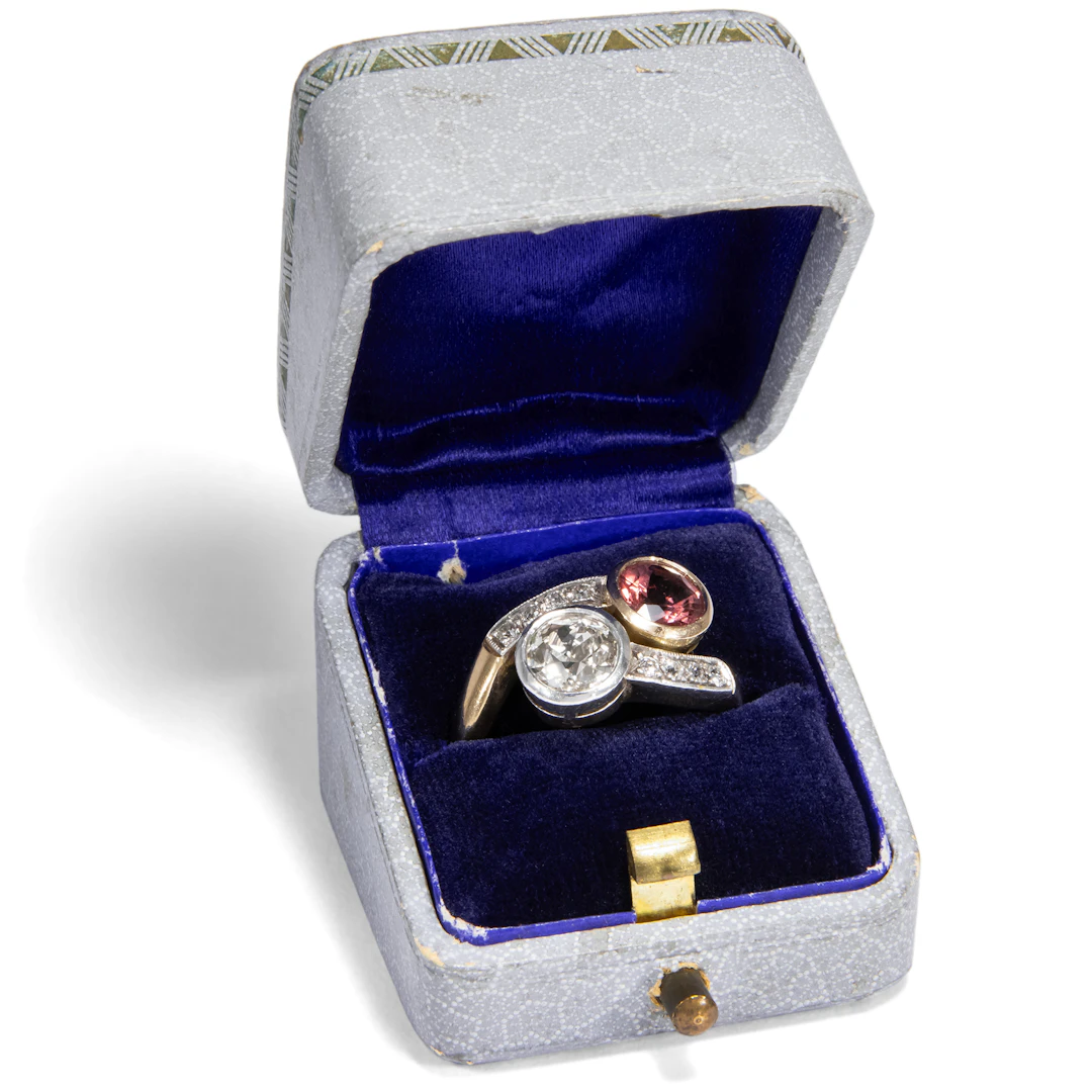 Large Toi-et-Moi Ring With Diamonds & Pink Tourmaline, Vienna c. 1950