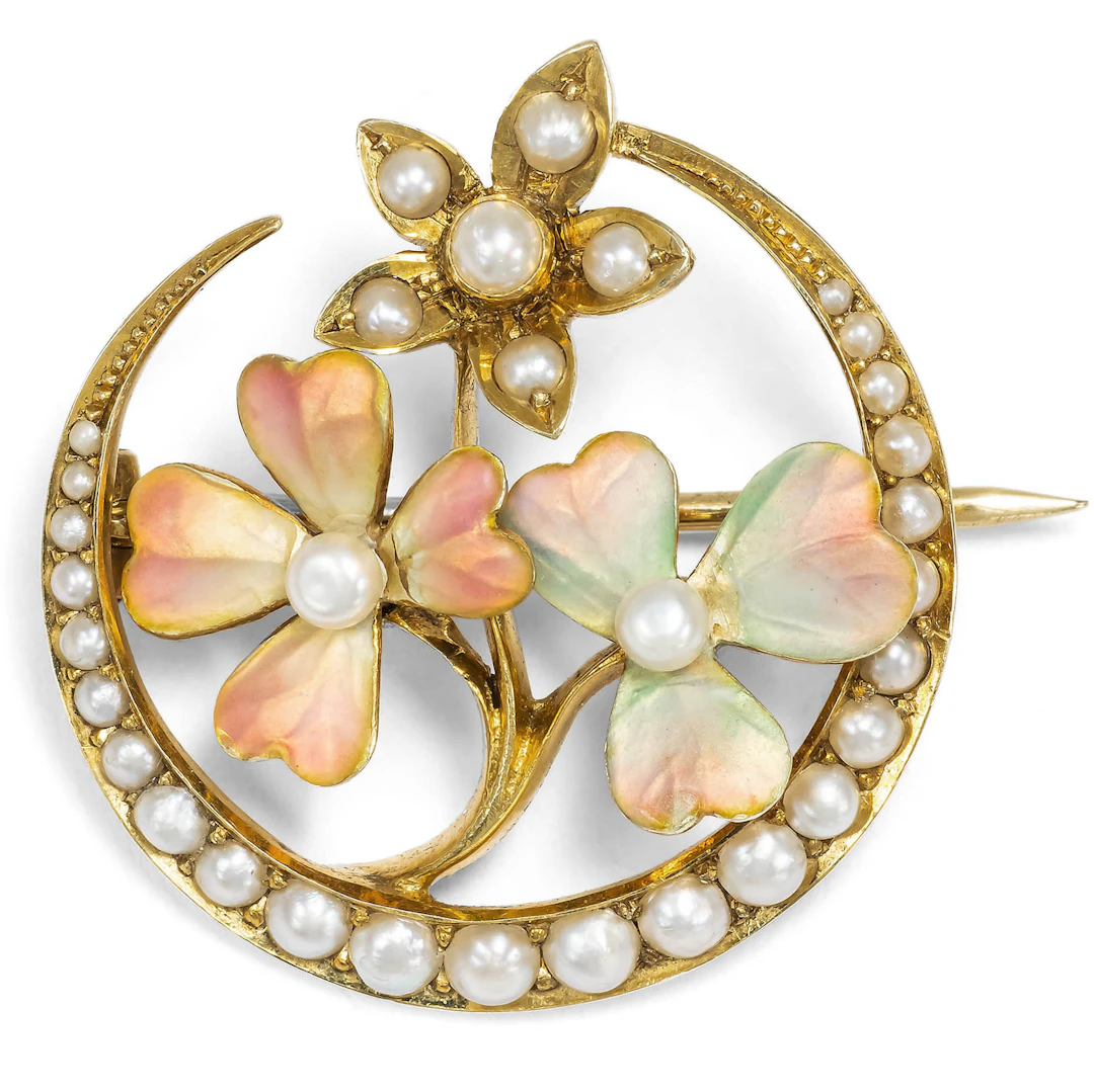Antique Pearl & Enamelled Gold Brooch, British, c. 1900