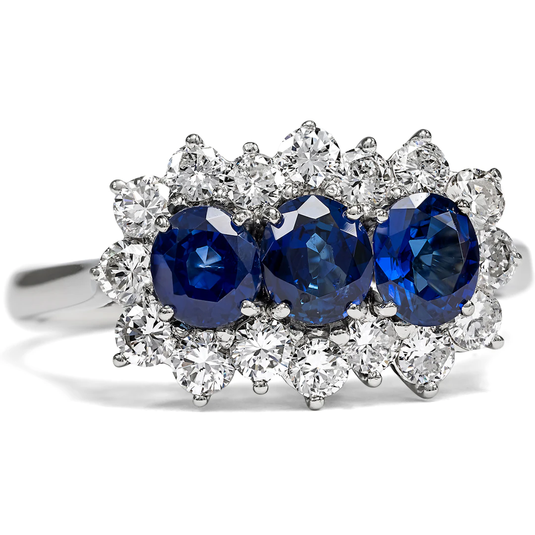 Luxurious "Trilogy" Ring With Sapphires & Diamonds in White Gold, c. 1970