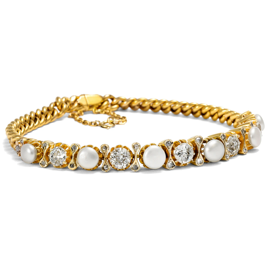 Luxurious Antique Gold Bracelet with Diamonds & Pearls, c. 1890