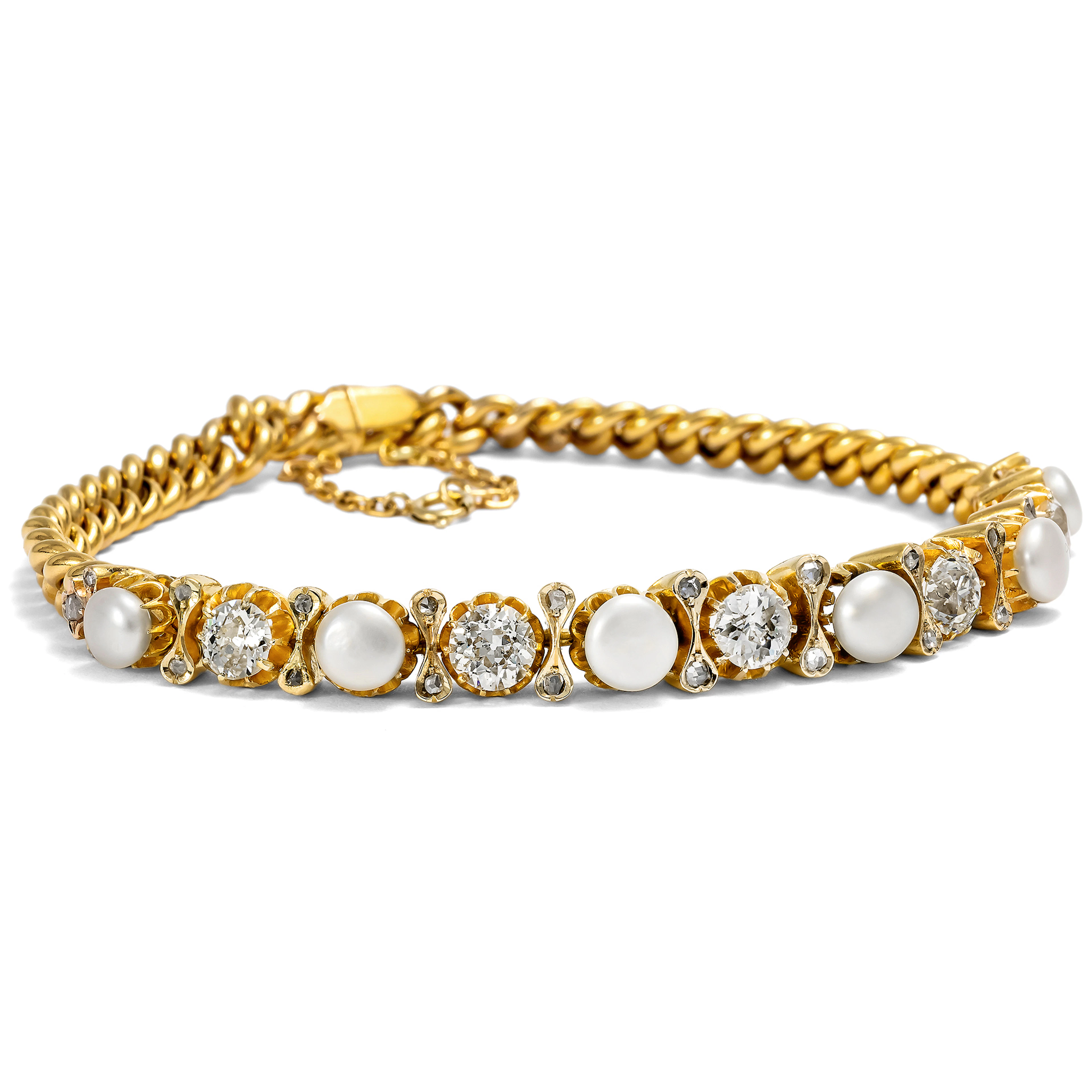 Luxurious Antique Gold Bracelet with Diamonds & Pearls, c. 1890
