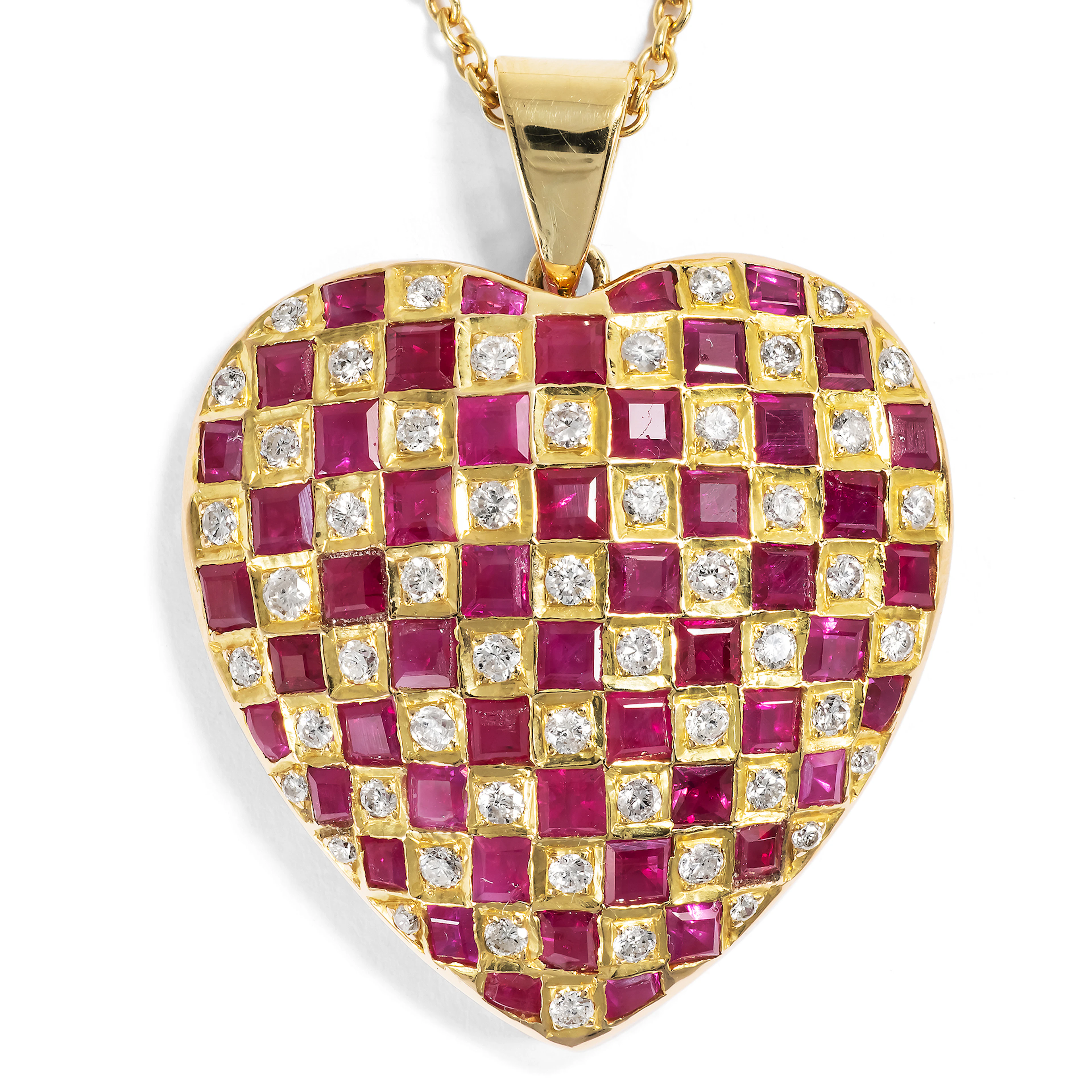Large Vintage Heart Pendant with Rubies & Diamonds in Gold, c. 1985