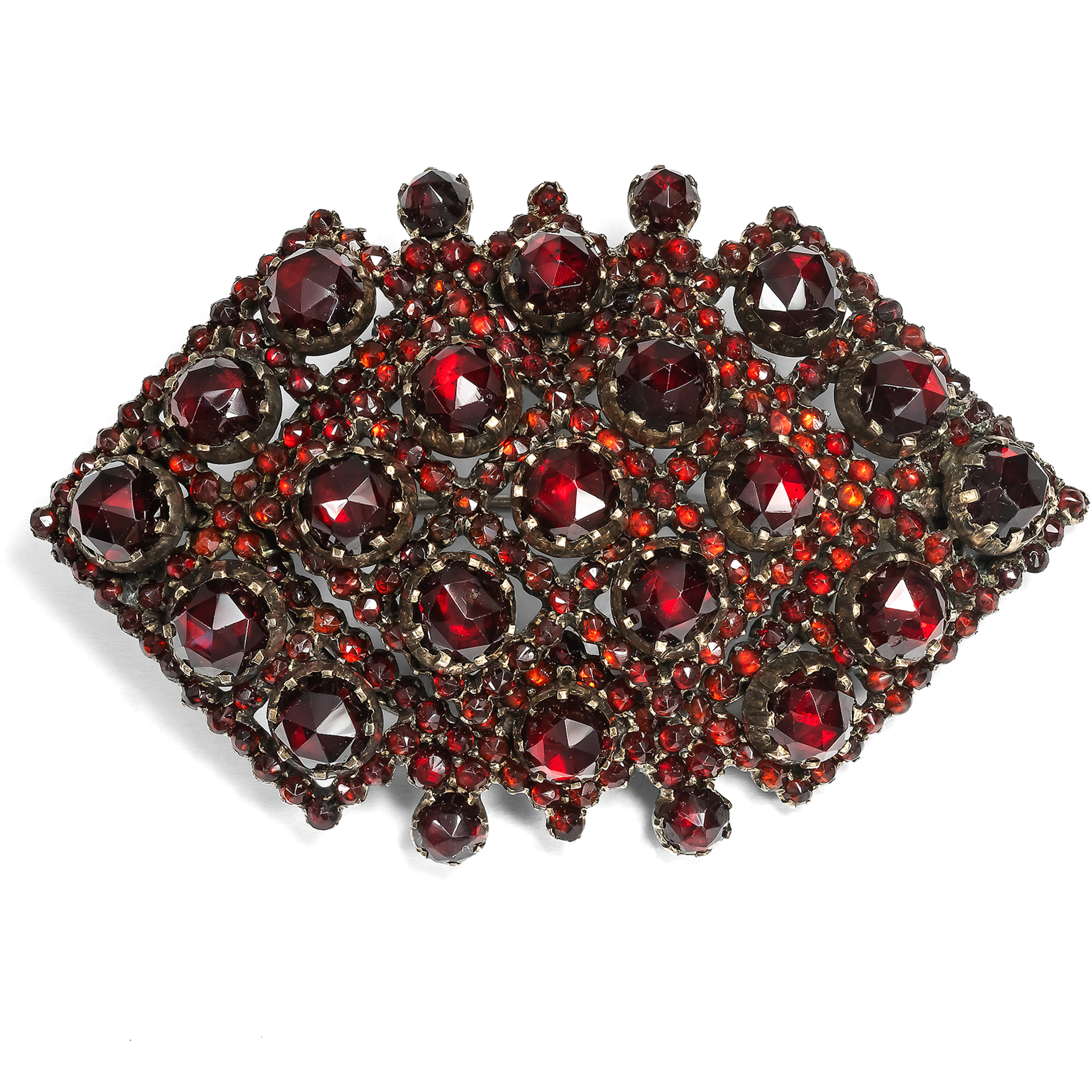 Festive Antique Locket Brooch with Garnets in Silver, c. 1880