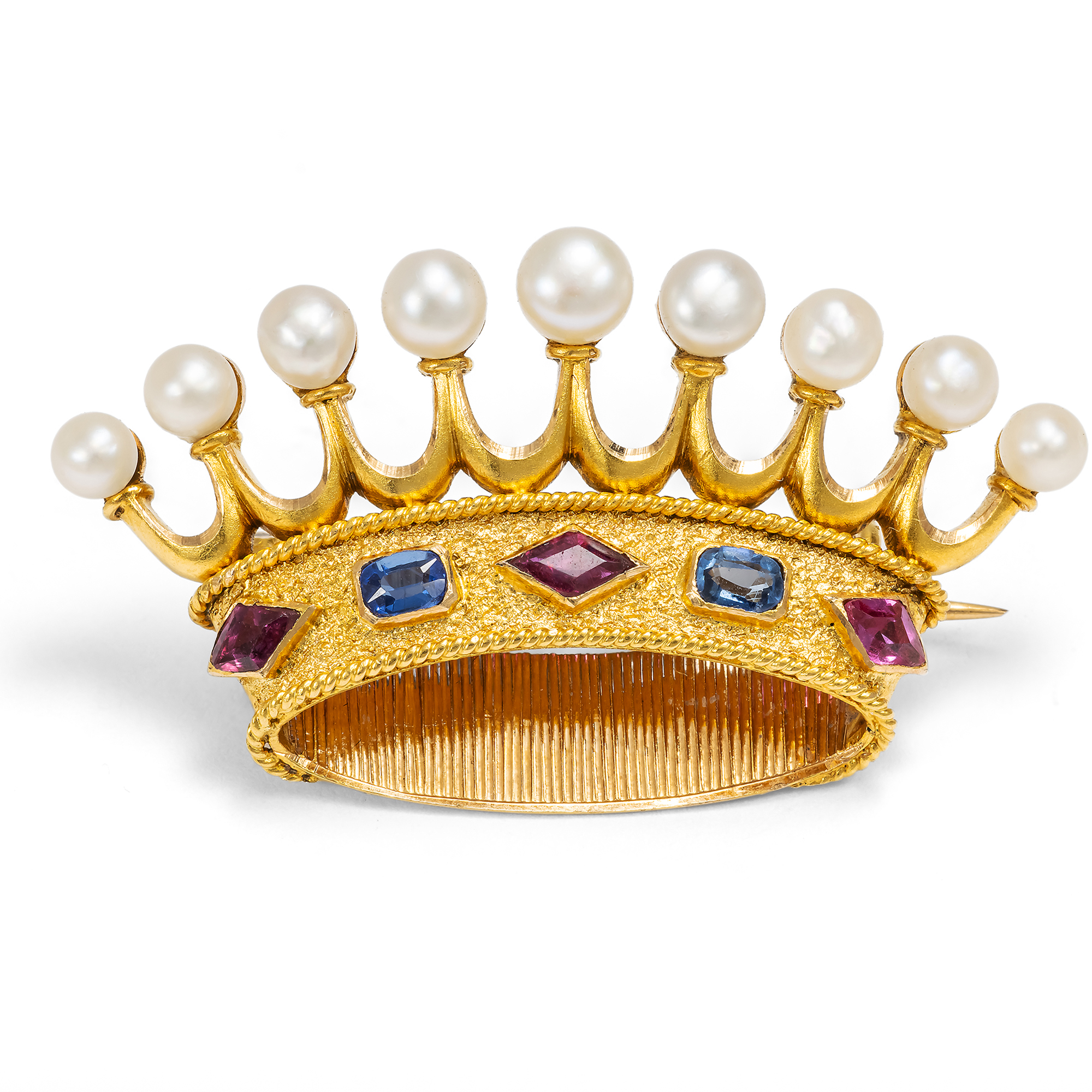 Antique Earl's Crown Brooch with Pearls, Sapphires & Rubies, France c. 1890