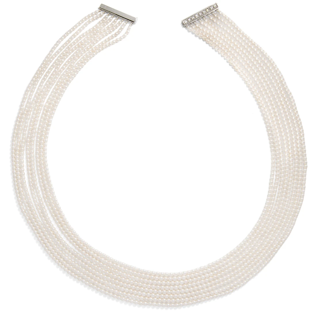 Vintage Eight-Strand Cultured Pearl Necklace with a Diamond Clasp, c. 2000