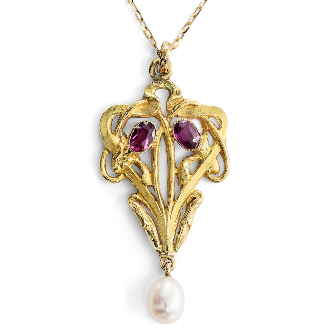 Antique Rhodolite and Pearl Art Nouveau Pendant in Gold, c. 1900