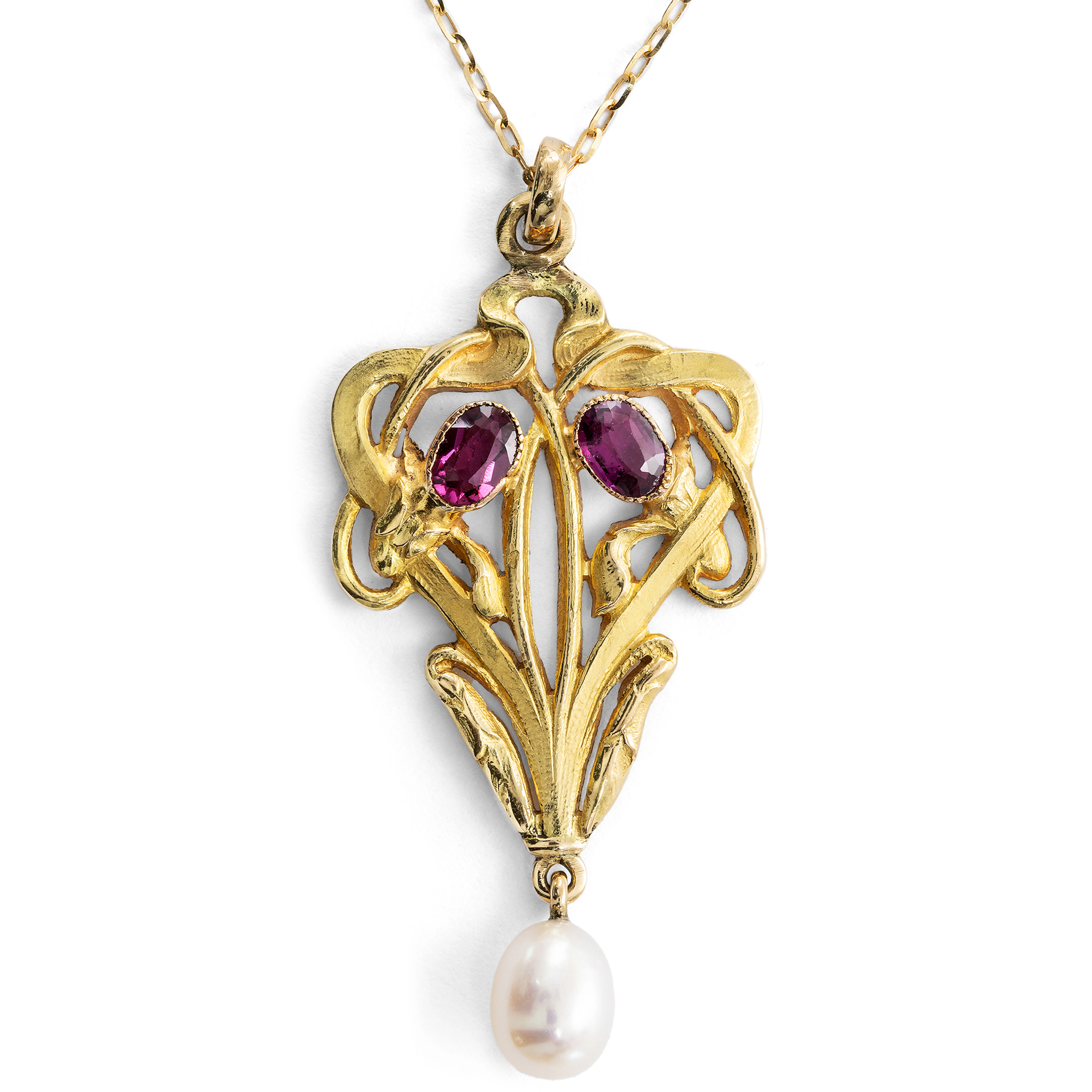 Antique Rhodolite and Pearl Art Nouveau Pendant in Gold, c. 1900