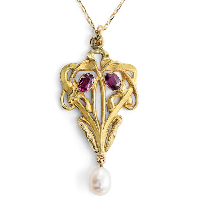 Antique Rhodolite and Pearl Art Nouveau Pendant in Gold, c. 1900