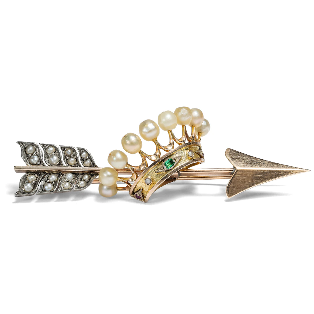 Antique Arrow Brooch with Coronet Made of Natural Pearls & Gemstones, c. 1890