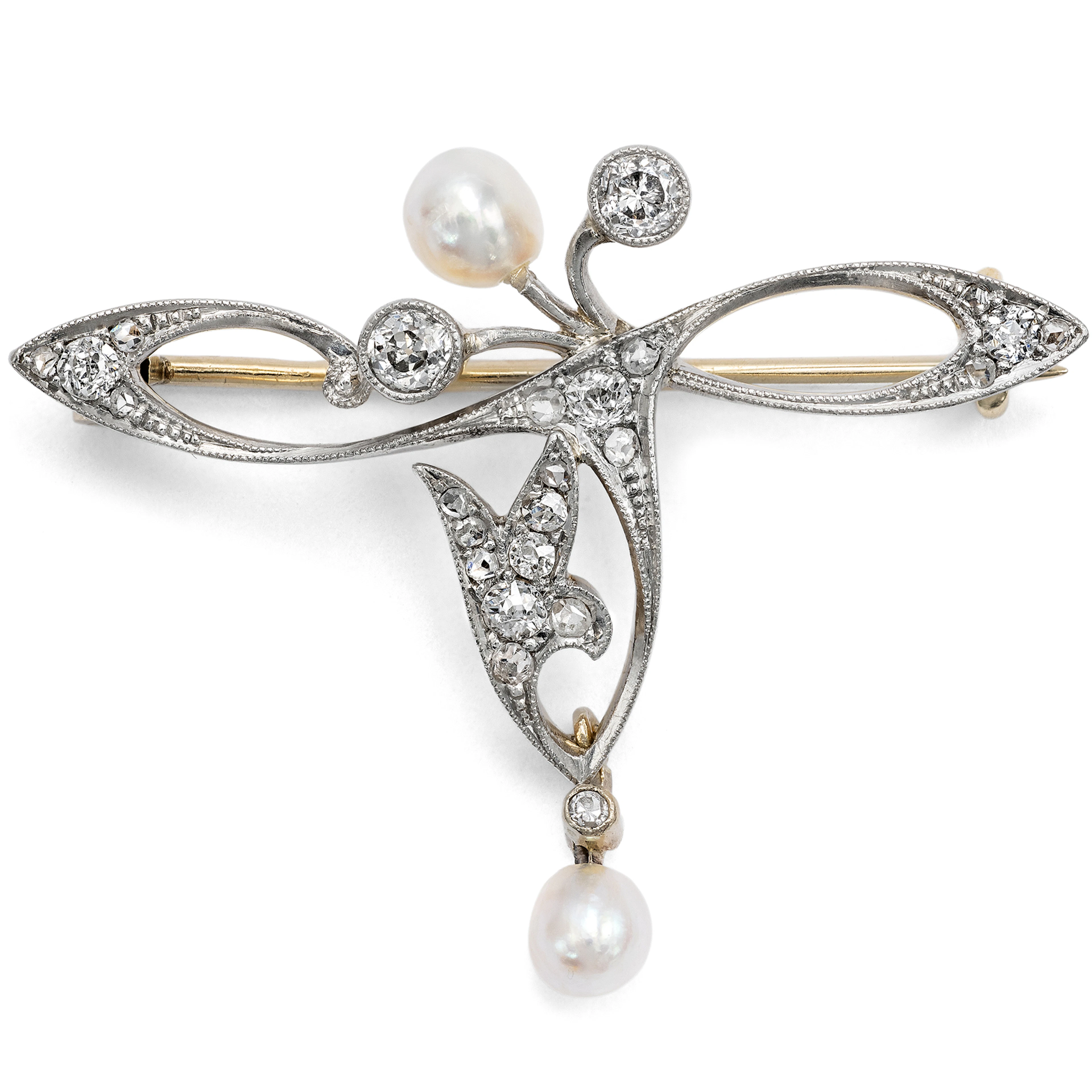 Delicate Art Nouveau Brooch with Natural Pearls & Diamonds, c. 1910