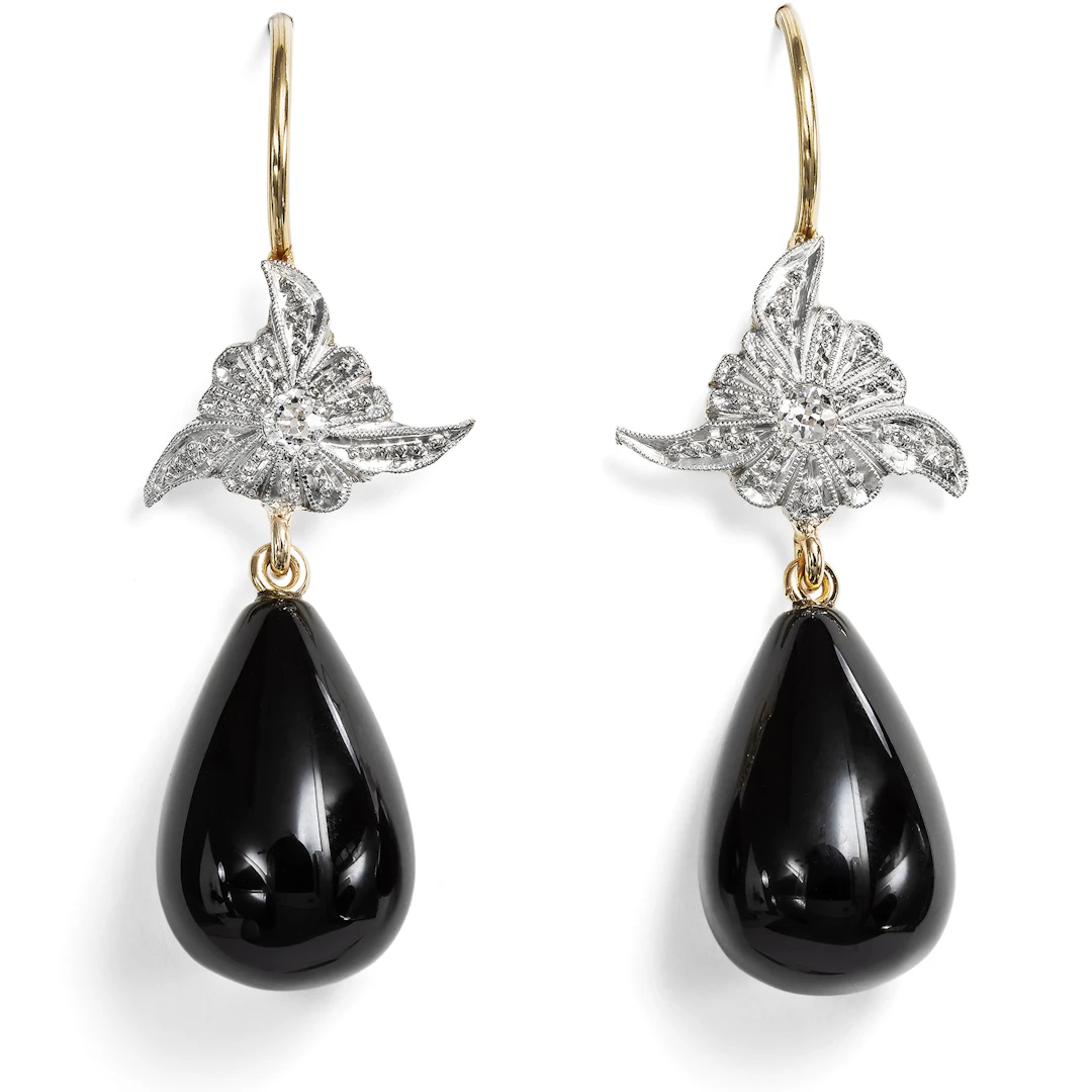 Onyx & Diamond Earrings Made of Antique Elements, from Our Workshop