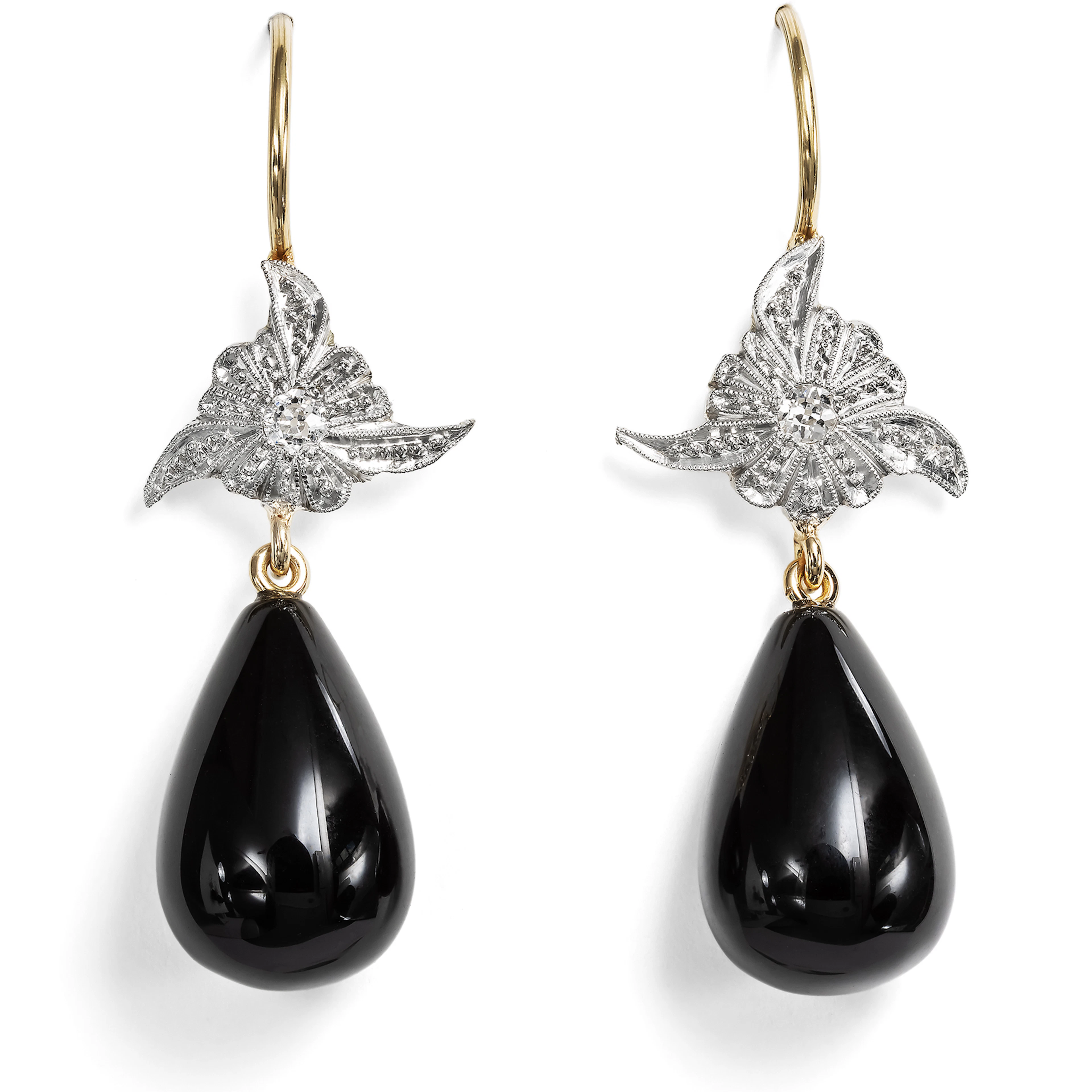 Onyx & Diamond Earrings Made of Antique Elements, from Our Workshop