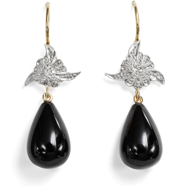 Onyx & Diamond Earrings Made of Antique Elements, from Our Workshop