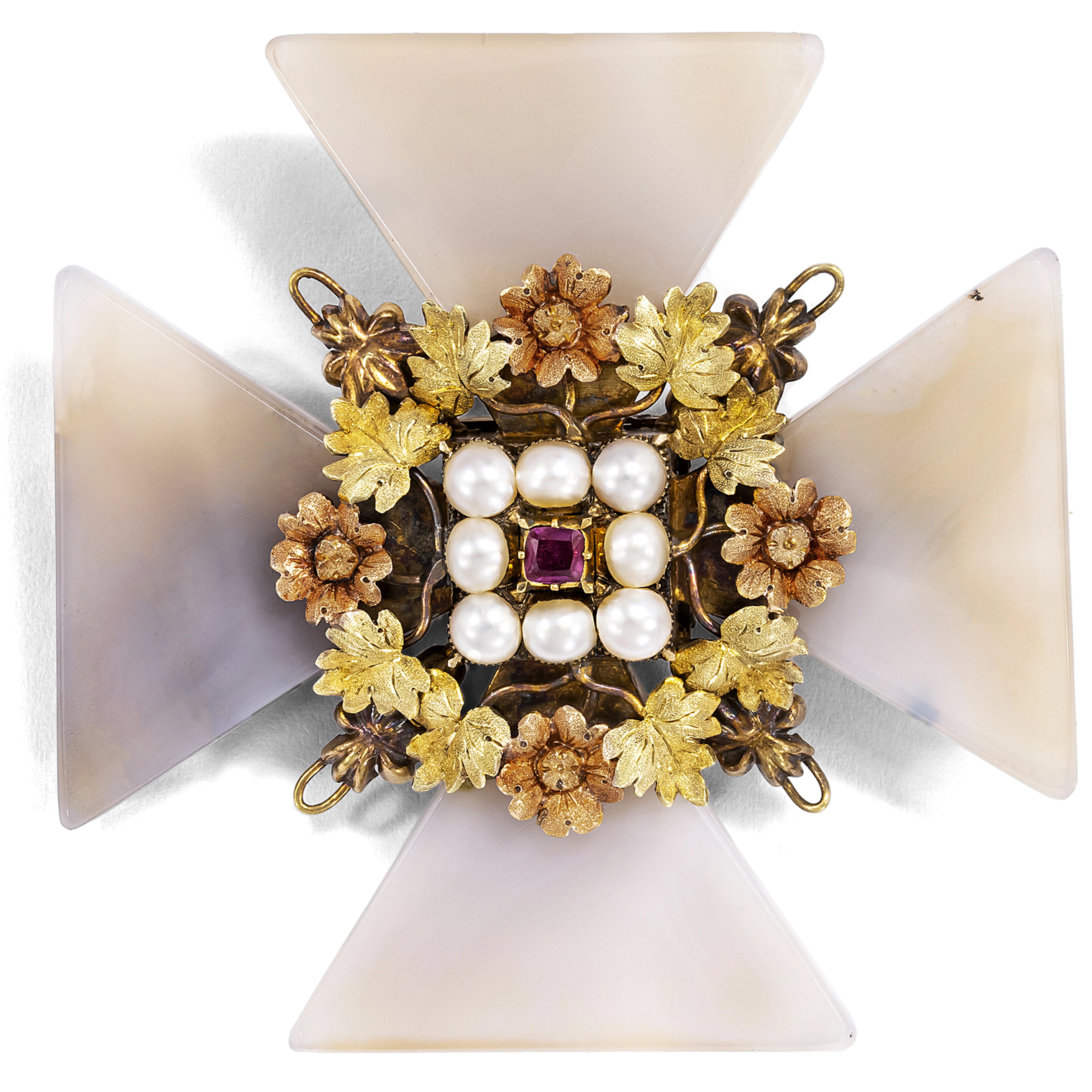Antique Cross Gold Brooch with Pearls, Ruby & Agate, c. 1840