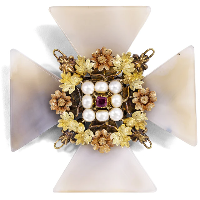 Antique Cross Gold Brooch with Pearls, Ruby & Agate, c. 1840