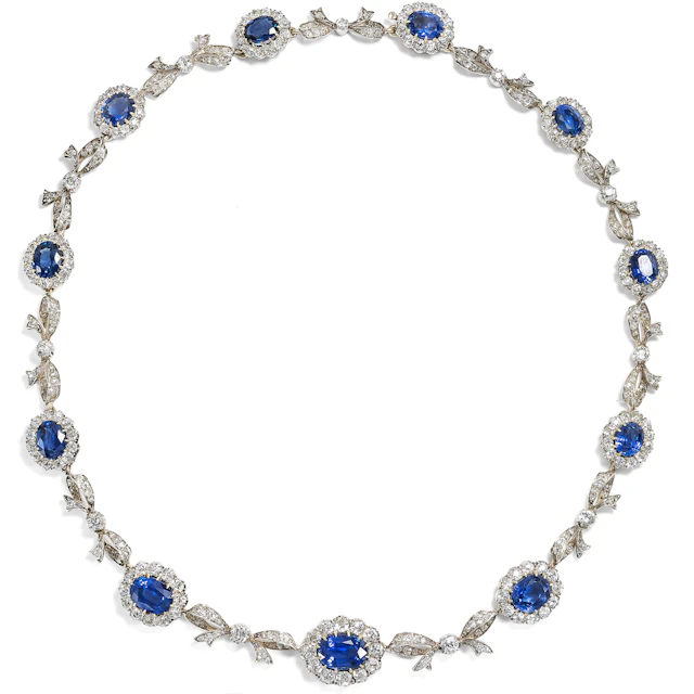 Magnificent Sapphire and Diamond Necklace in Silver on Gold, c. 1895