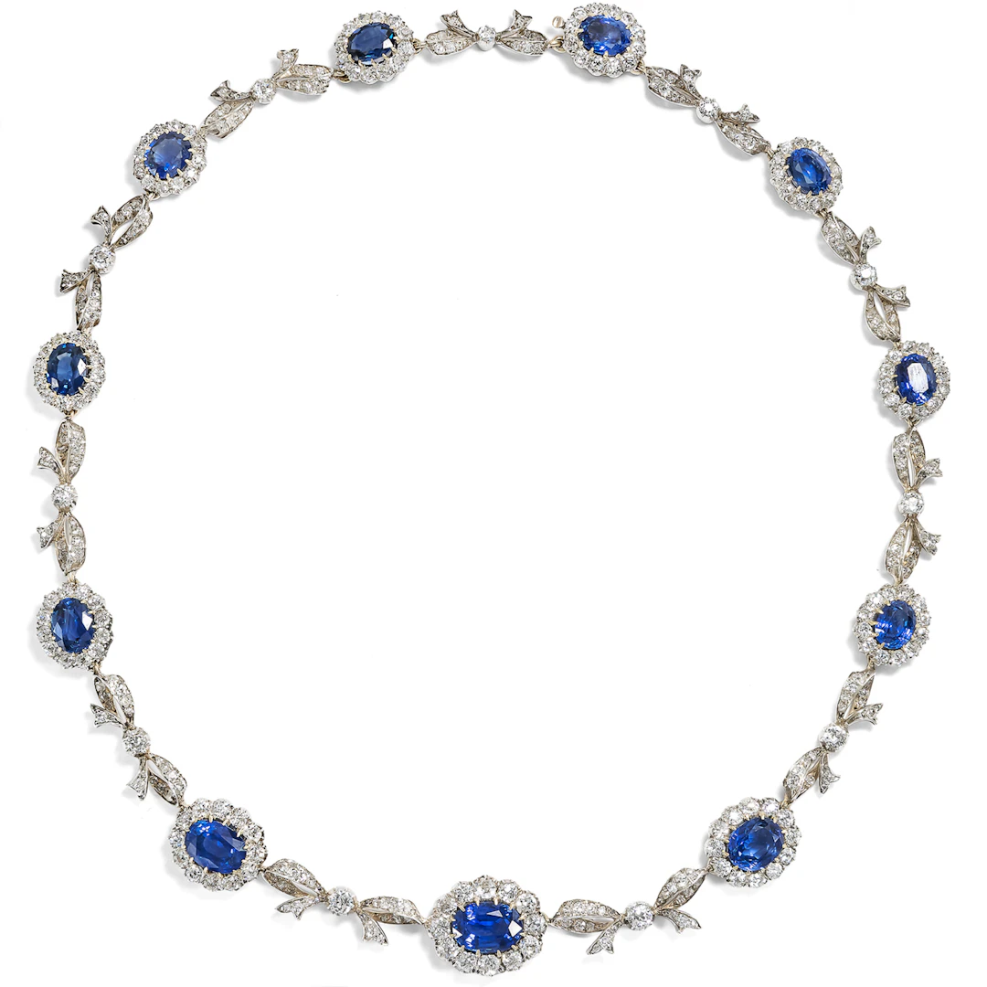 Magnificent Sapphire and Diamond Necklace in Silver on Gold, c. 1895