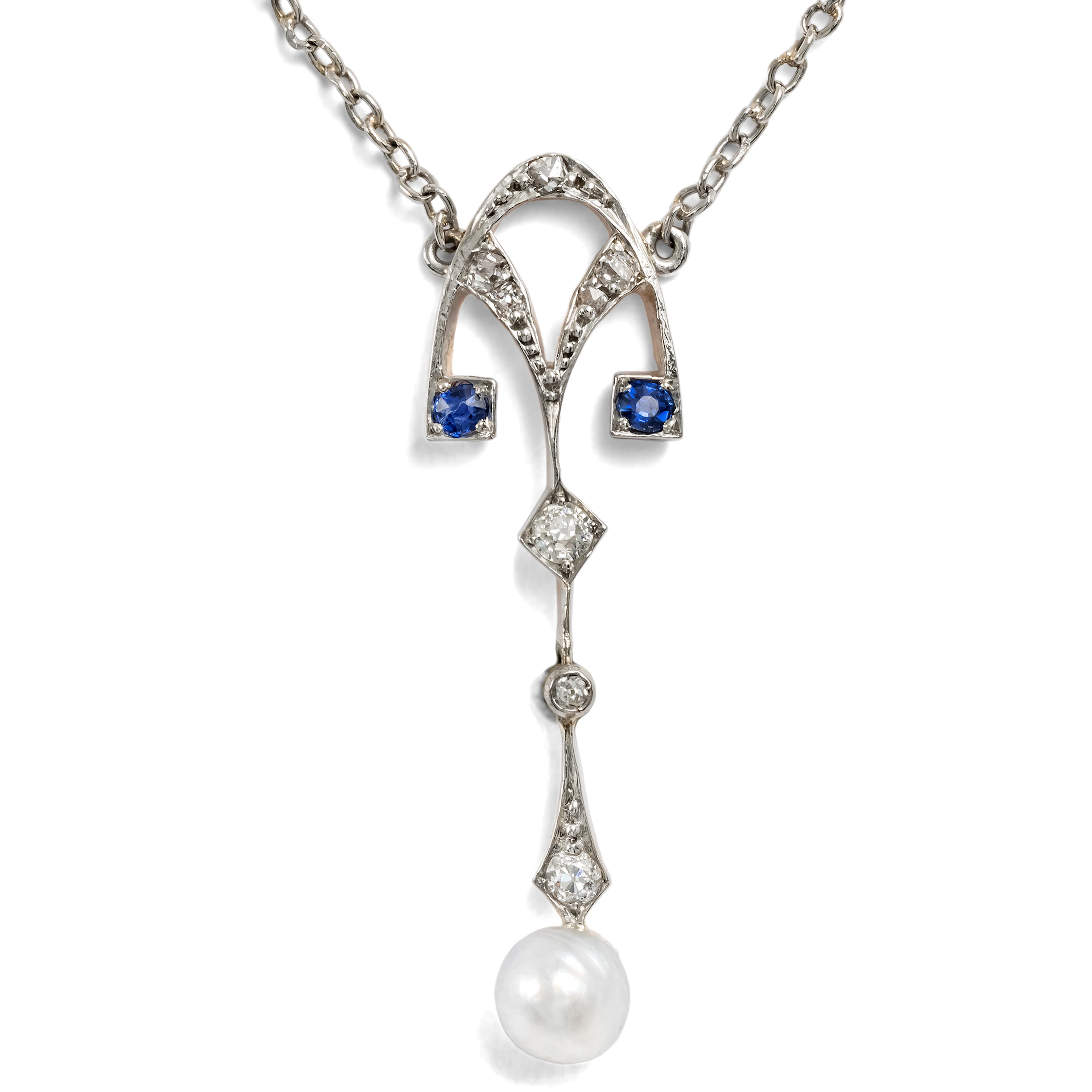 Delicate Necklace with a Natural Pearl, Diamonds, and Sapphires, c. 1910