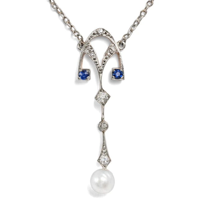 Delicate Necklace with a Natural Pearl, Diamonds, and Sapphires, c. 1910