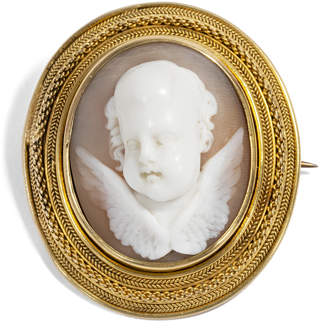 Antique Brooch with Shell Cameo of an Angel Set in Gold, c. 1865