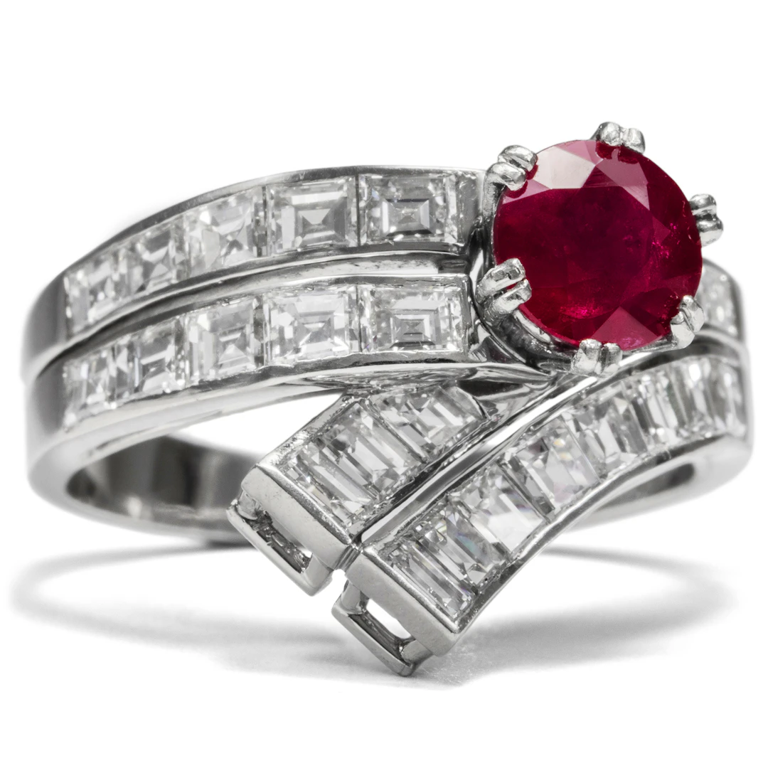 Gorgeous Platinum Ring With Ruby & Baguette Diamonds, c. 1960