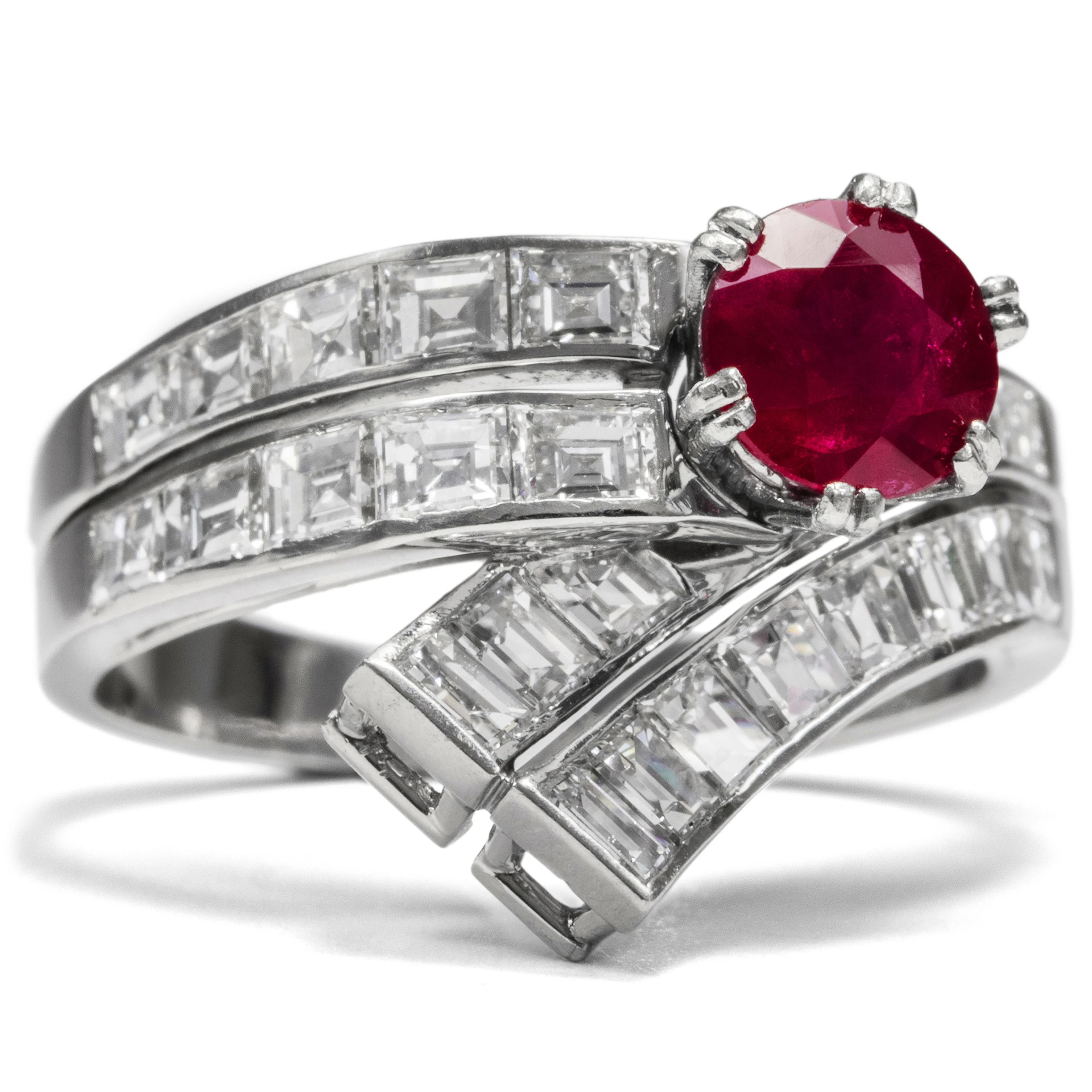 Gorgeous Platinum Ring With Ruby & Baguette Diamonds, c. 1960