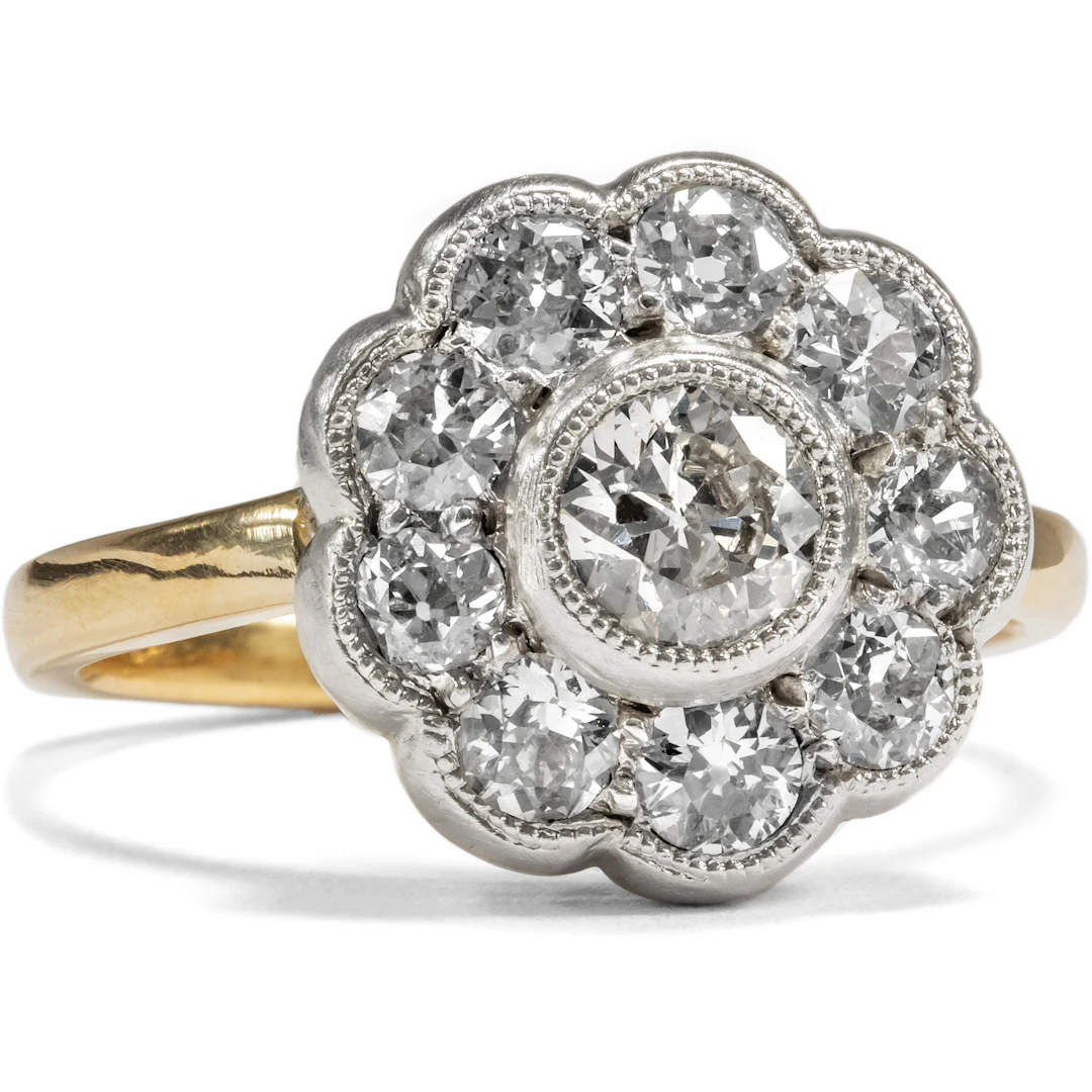 Antique Daisy Ring With Old European Cut Diamonds in Gold & Silver, c. 1900