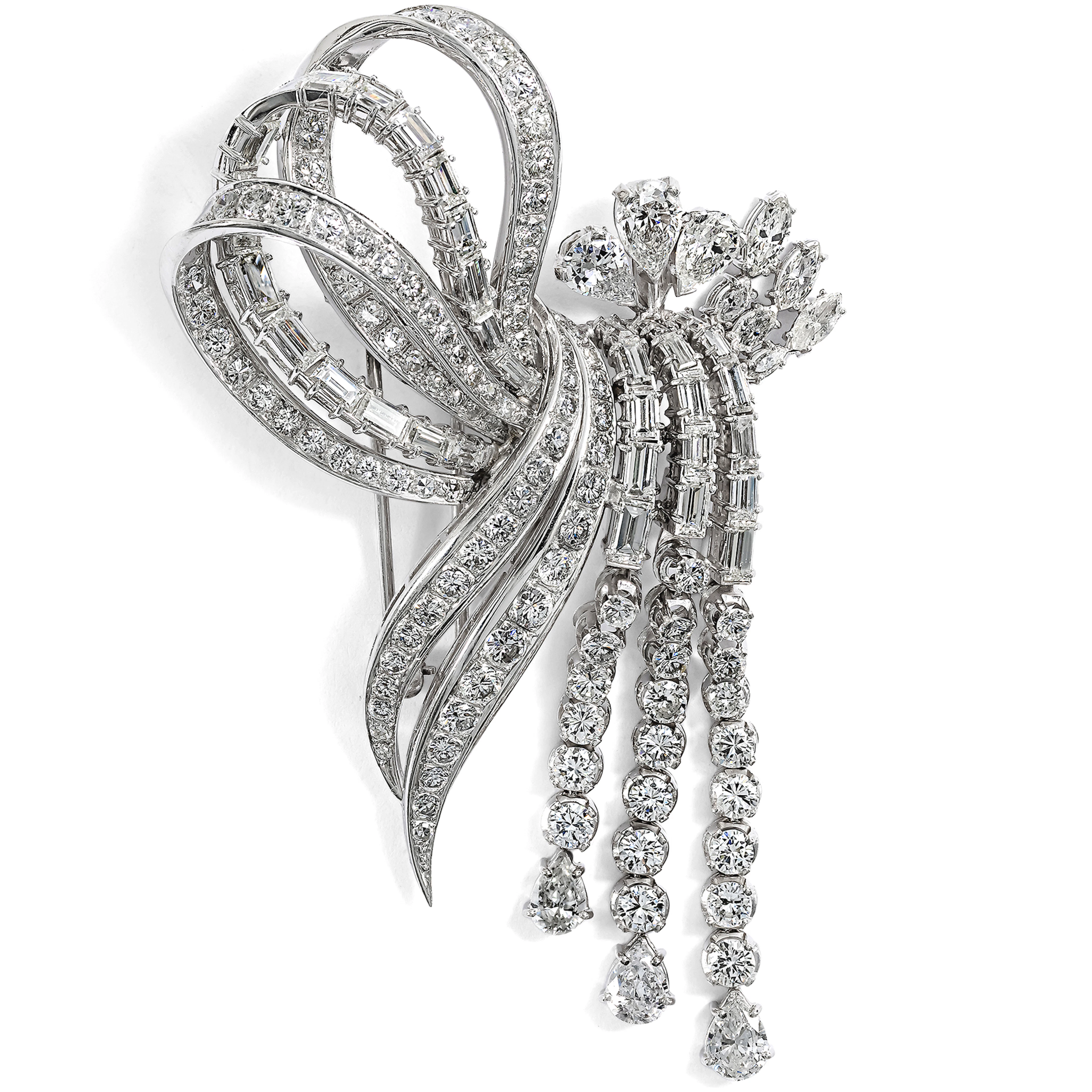Magnificent Jeweled Brooch in Platinum & 13.85 ct Diamonds, Circa 1955