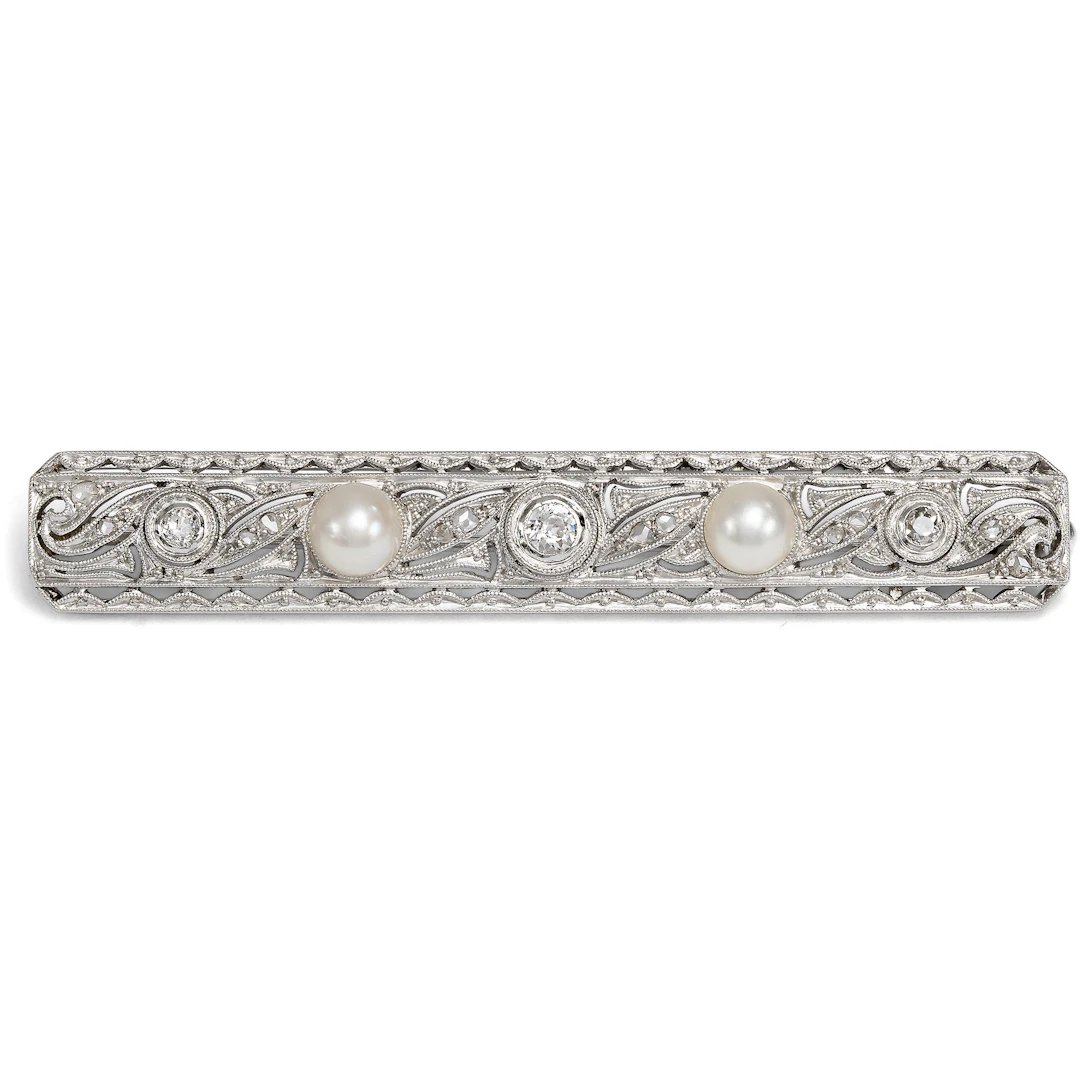 Antique Bar Brooch with Old-Cut Diamonds and Pearls in White Gold, c. 1925