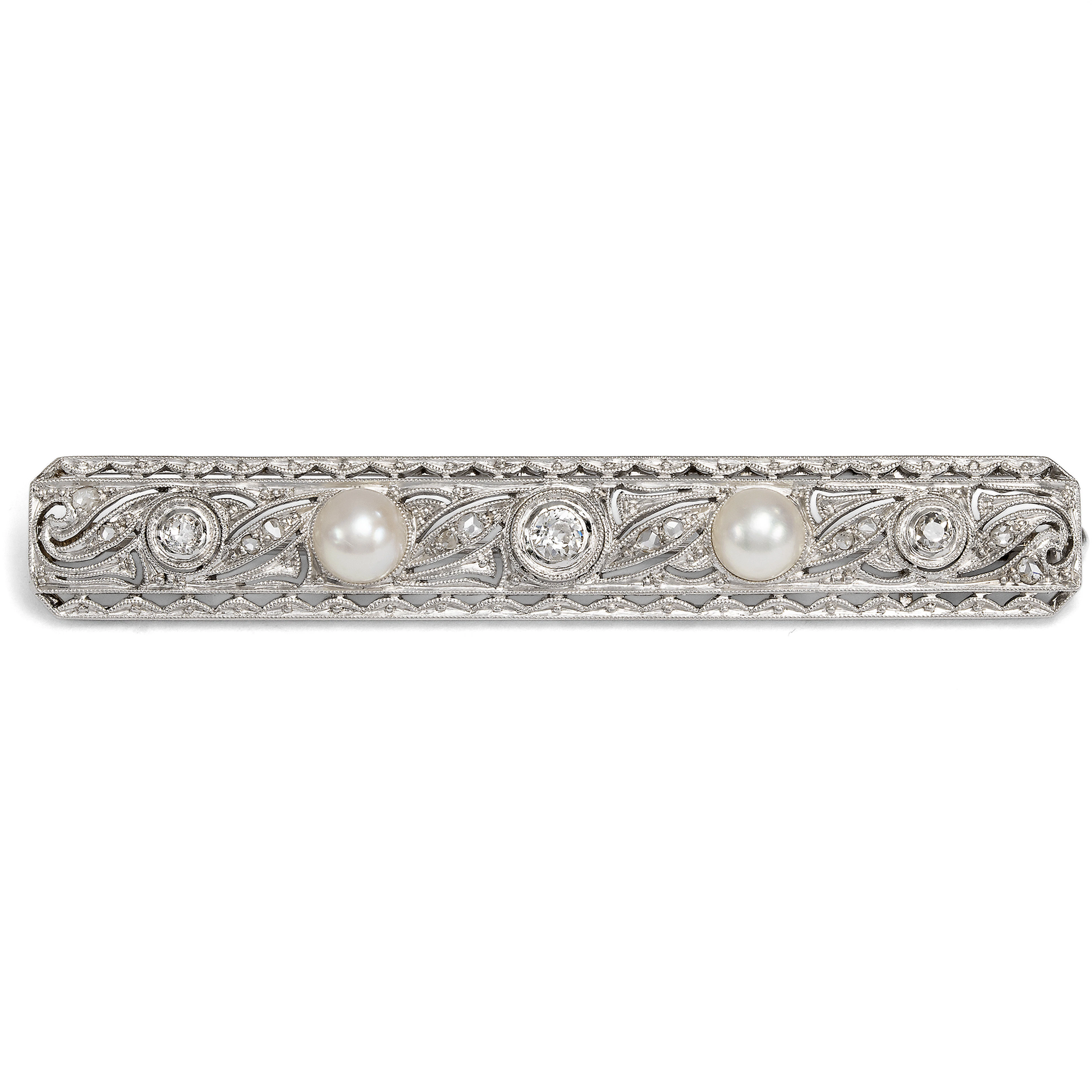 Antique Bar Brooch with Old-Cut Diamonds and Pearls in White Gold, c. 1925