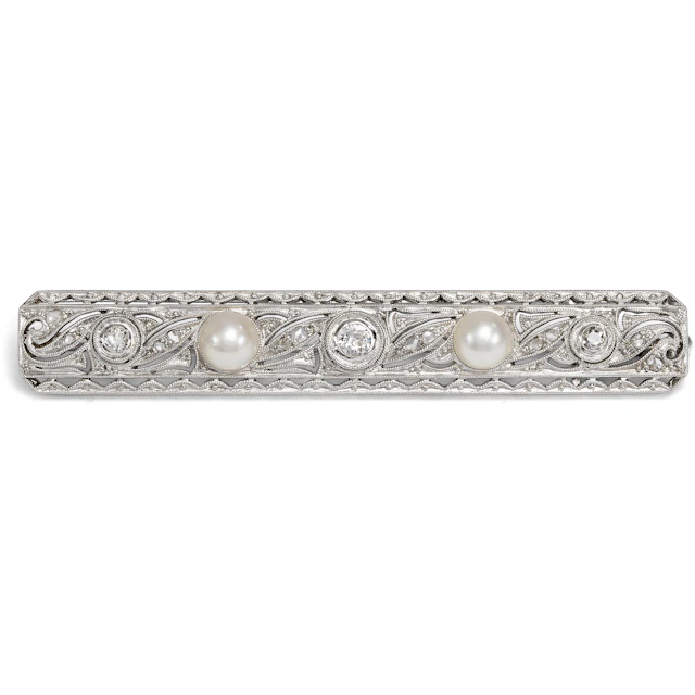 Antique Bar Brooch with Old-Cut Diamonds and Pearls in White Gold, c. 1925
