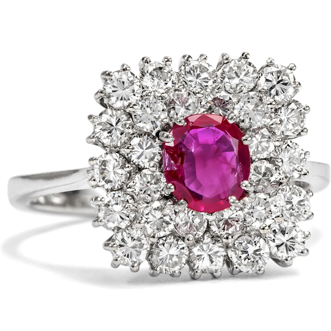 Vintage Ring with Untreated Burmese Ruby & Diamonds, 1970s