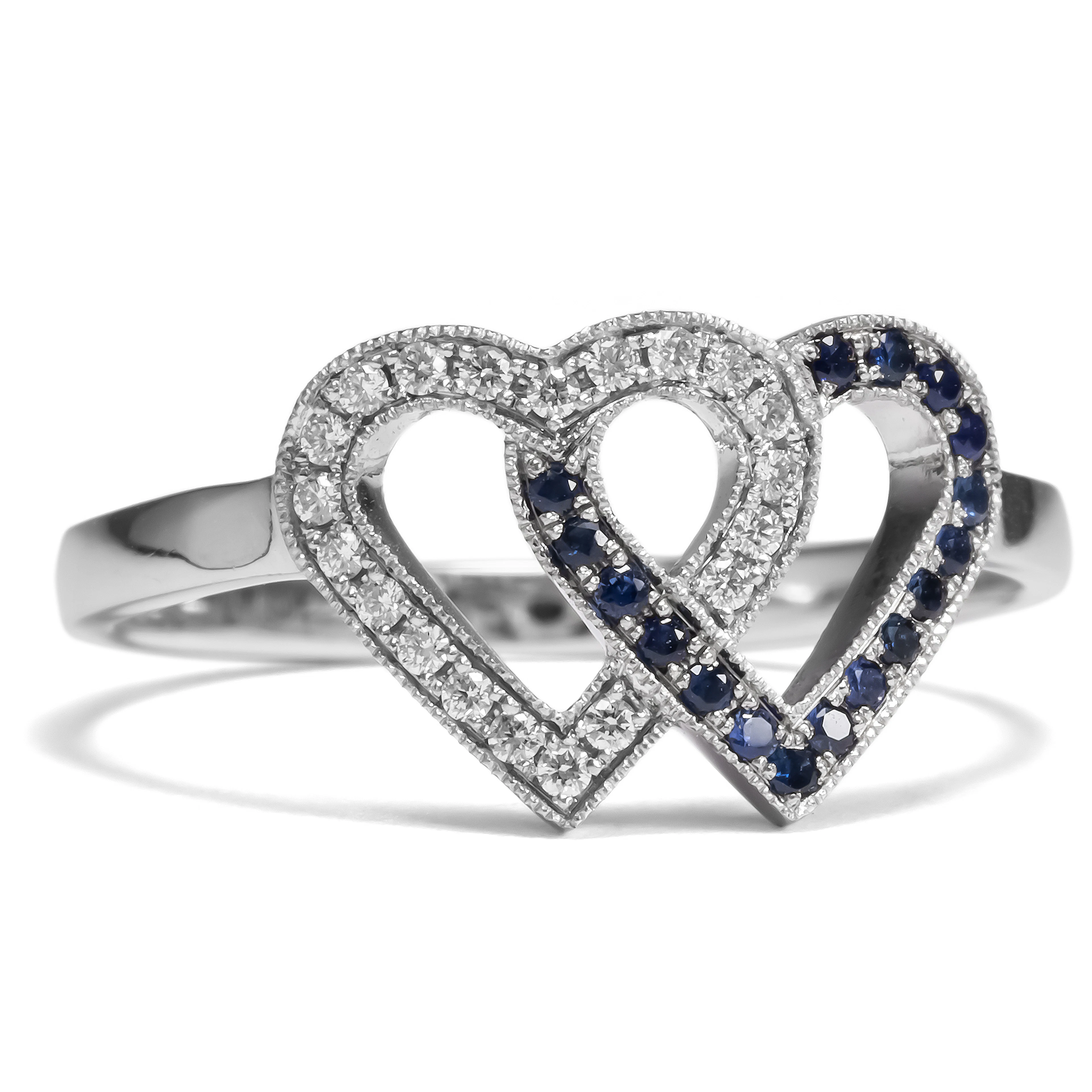 Delicate Heart Ring from Our Workshop with Diamonds & Sapphires in Platinum