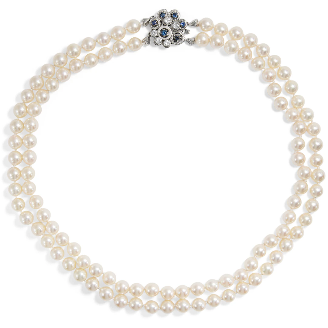Vintage Double-Row Akoya Pearl Necklace with Diamond & Sapphire Clasp, c. 1975