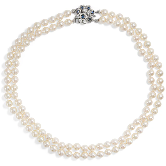 Vintage Double-Row Akoya Pearl Necklace with Diamond & Sapphire Clasp, c. 1975