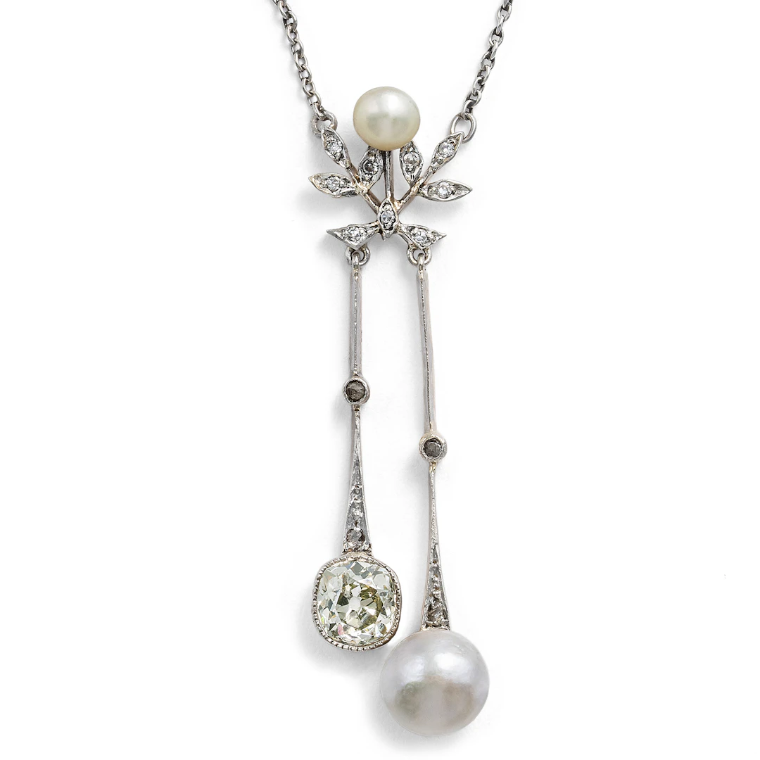Antique Lavallière with Diamonds & Pearls in Platinum on Gold, Hanau c. 1908