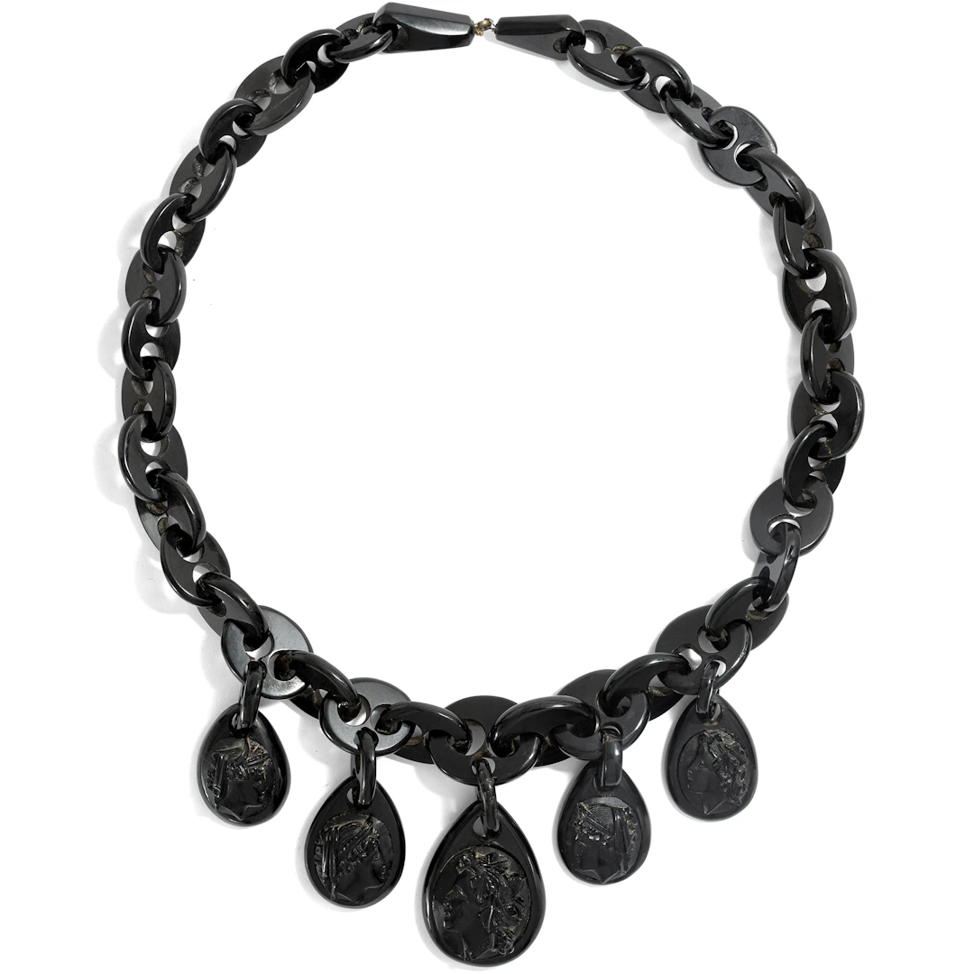 Large Victorian Whitby Jet & Cameo Necklace, British, c. 1865