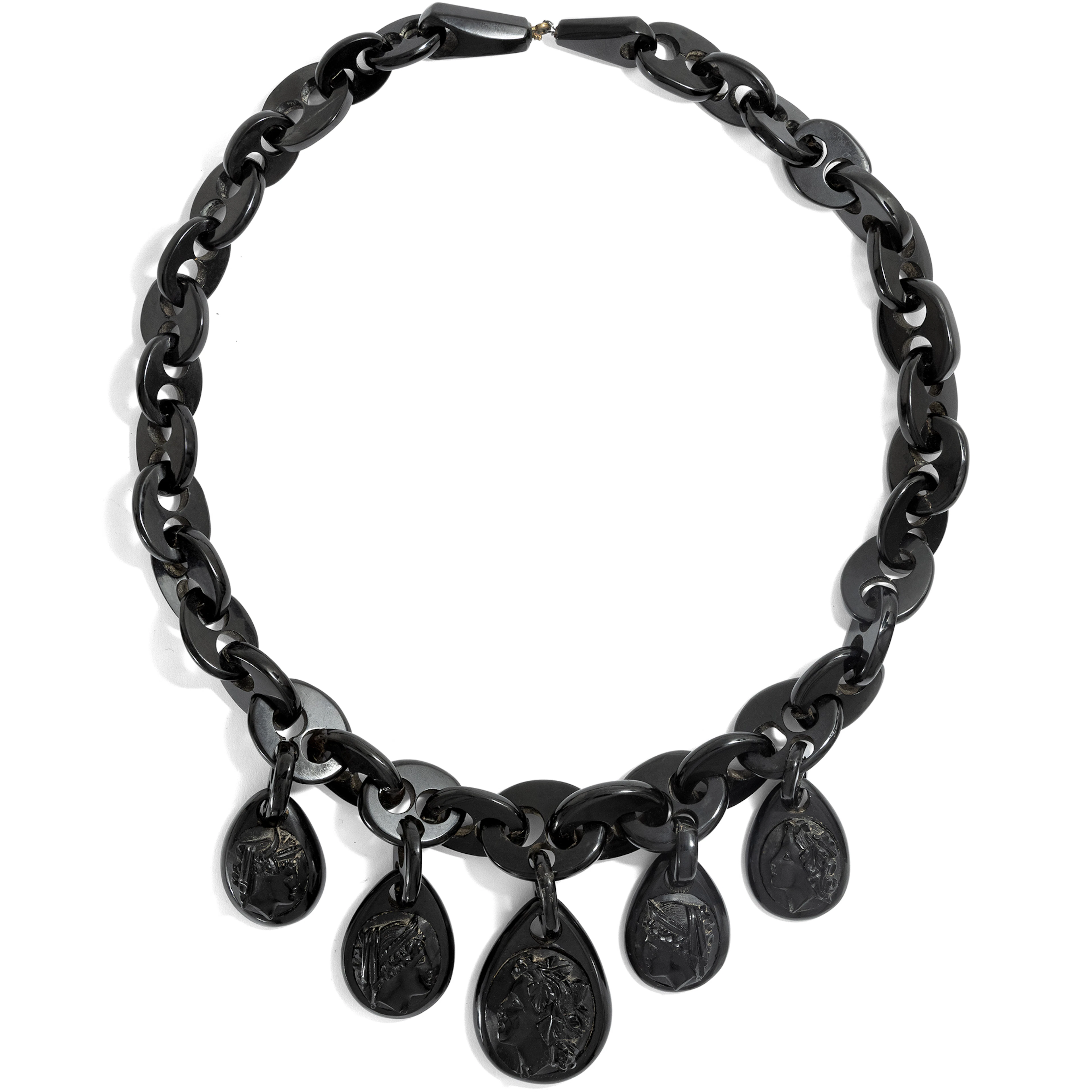 Large Victorian Whitby Jet & Cameo Necklace, British, c. 1865