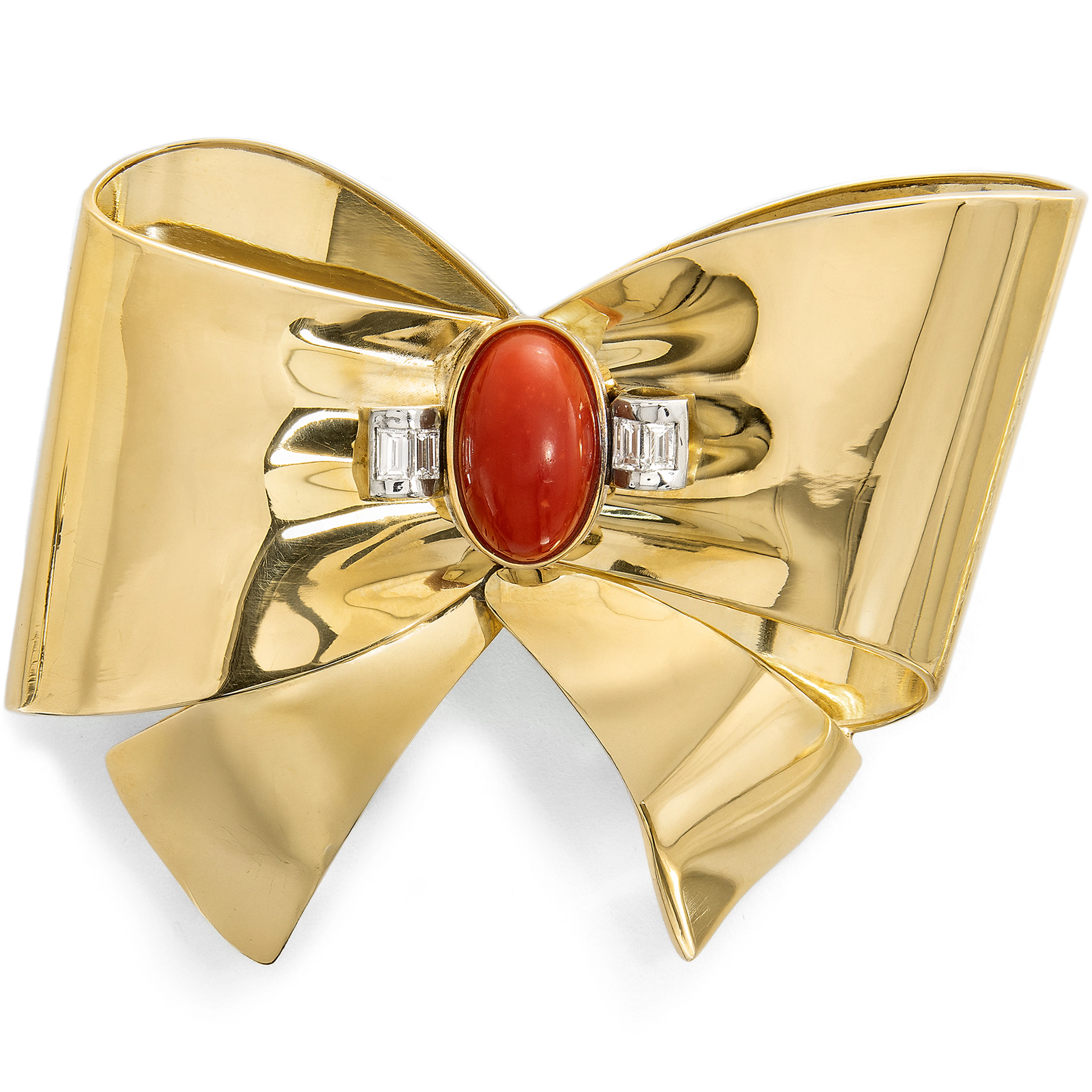 Extravagant Gold Bow as Brooch & Pendant with Coral & Diamonds, c. 1985
