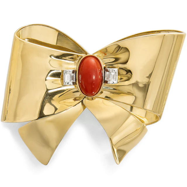 Extravagant Gold Bow as Brooch & Pendant with Coral & Diamonds, c. 1985