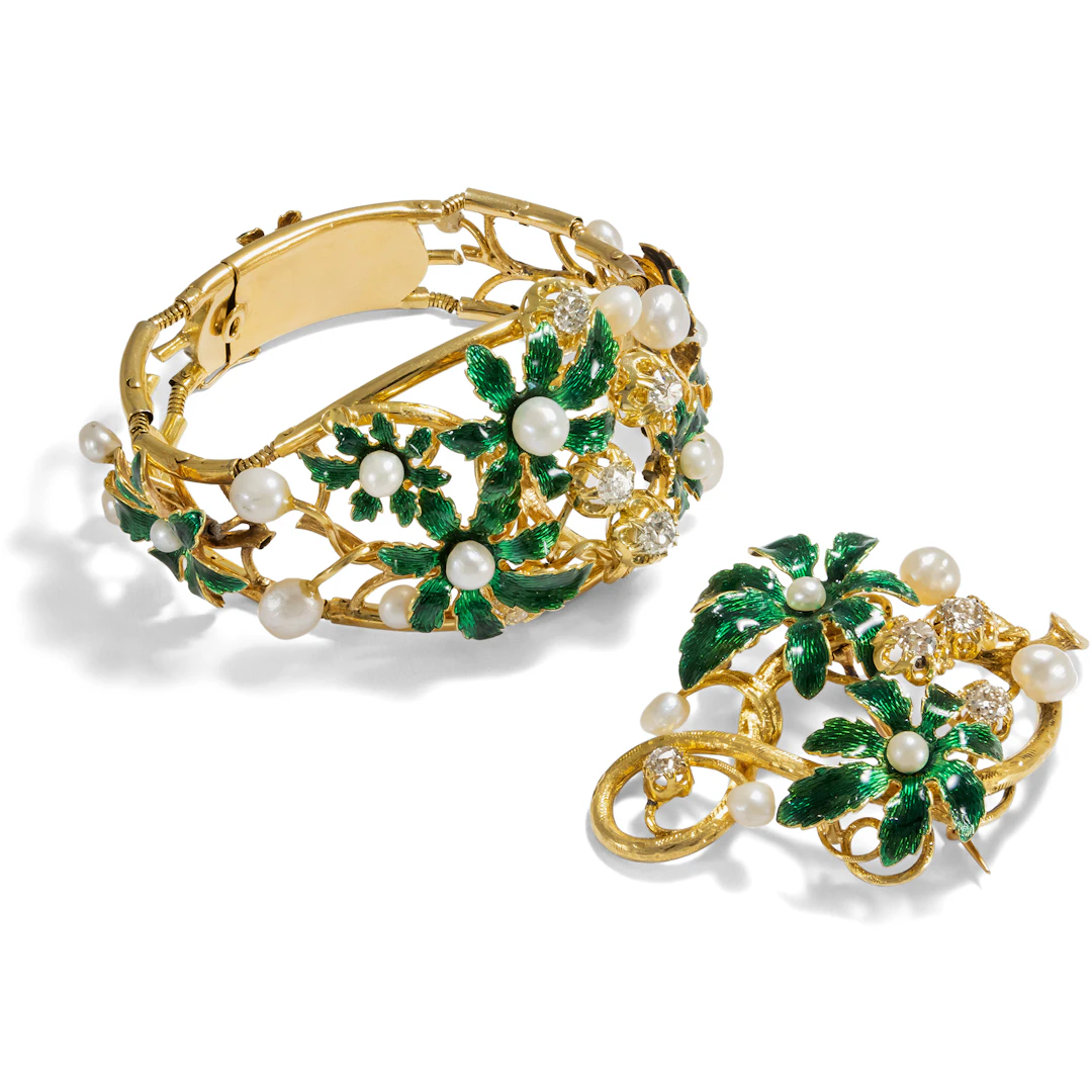 Antique Bracelet & Brooch With Diamonds & Pearls in Enameled Gold