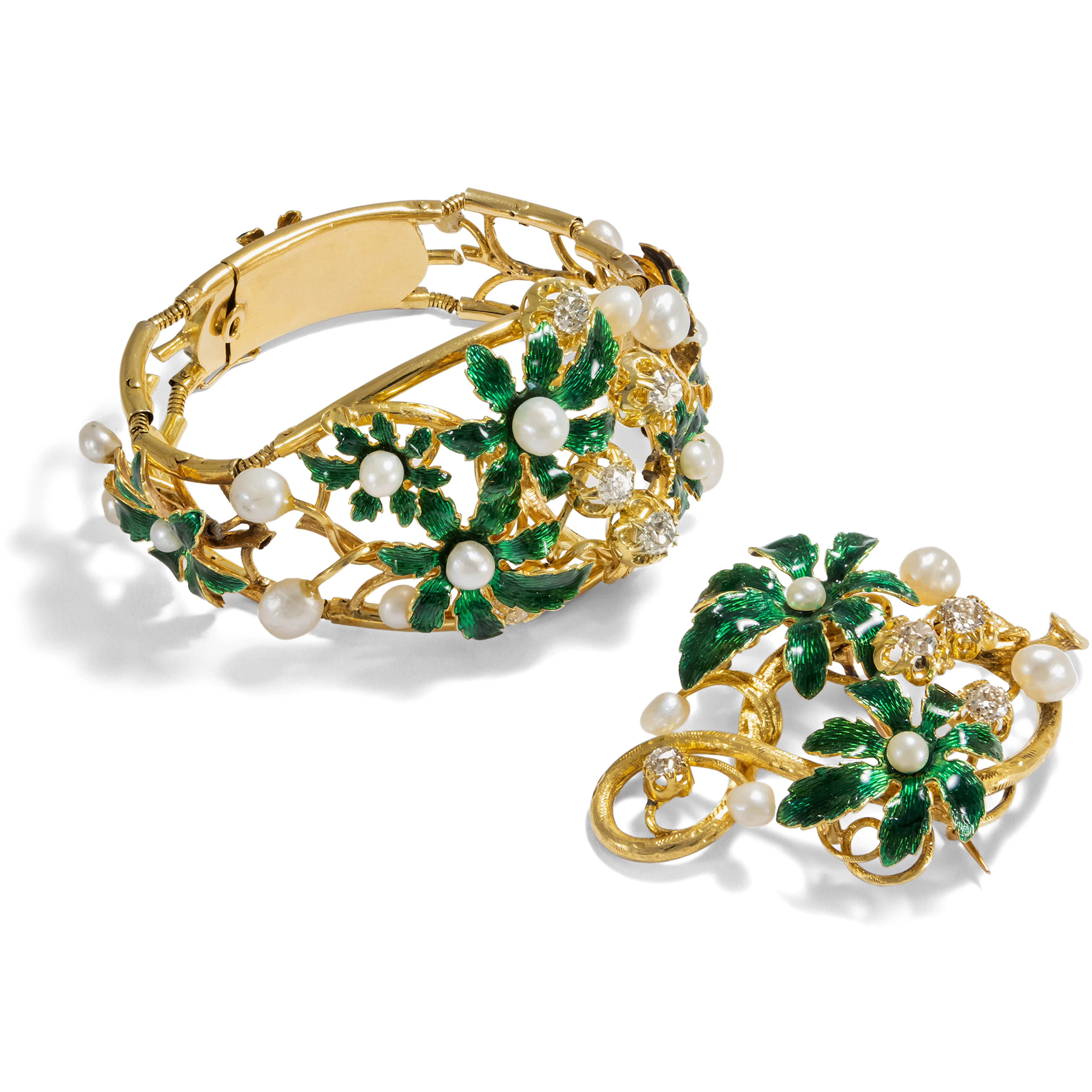Antique Bracelet & Brooch With Diamonds & Pearls in Enameled Gold