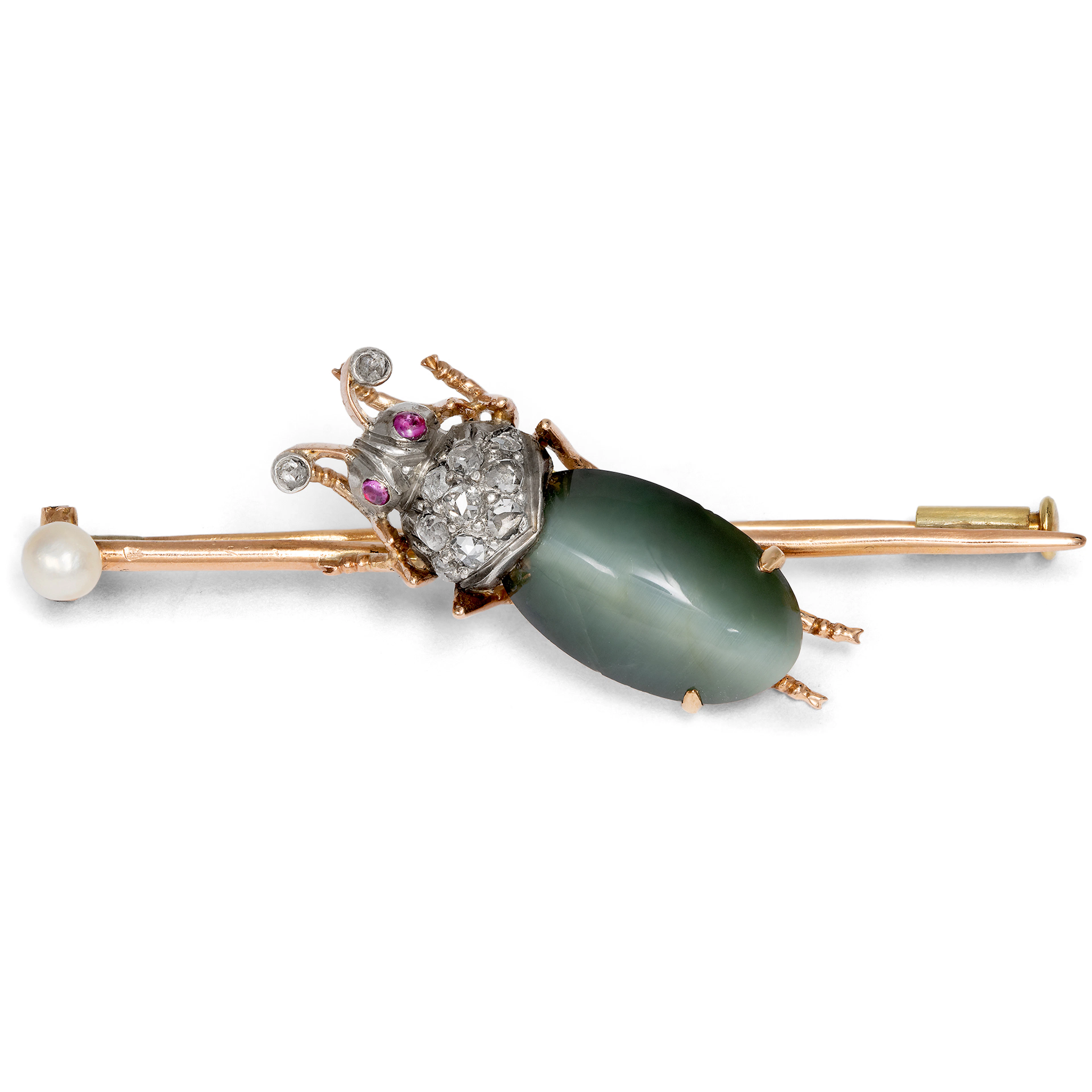 Victorian Cat’s Eye Beetle Brooch in Silver on Gold, c. 1885