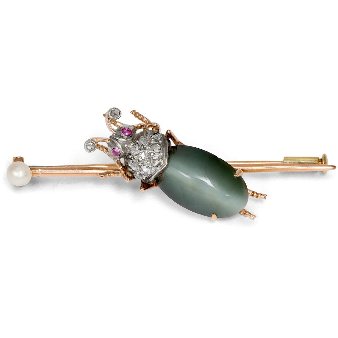 Victorian Cat’s Eye Beetle Brooch in Silver on Gold, c. 1885