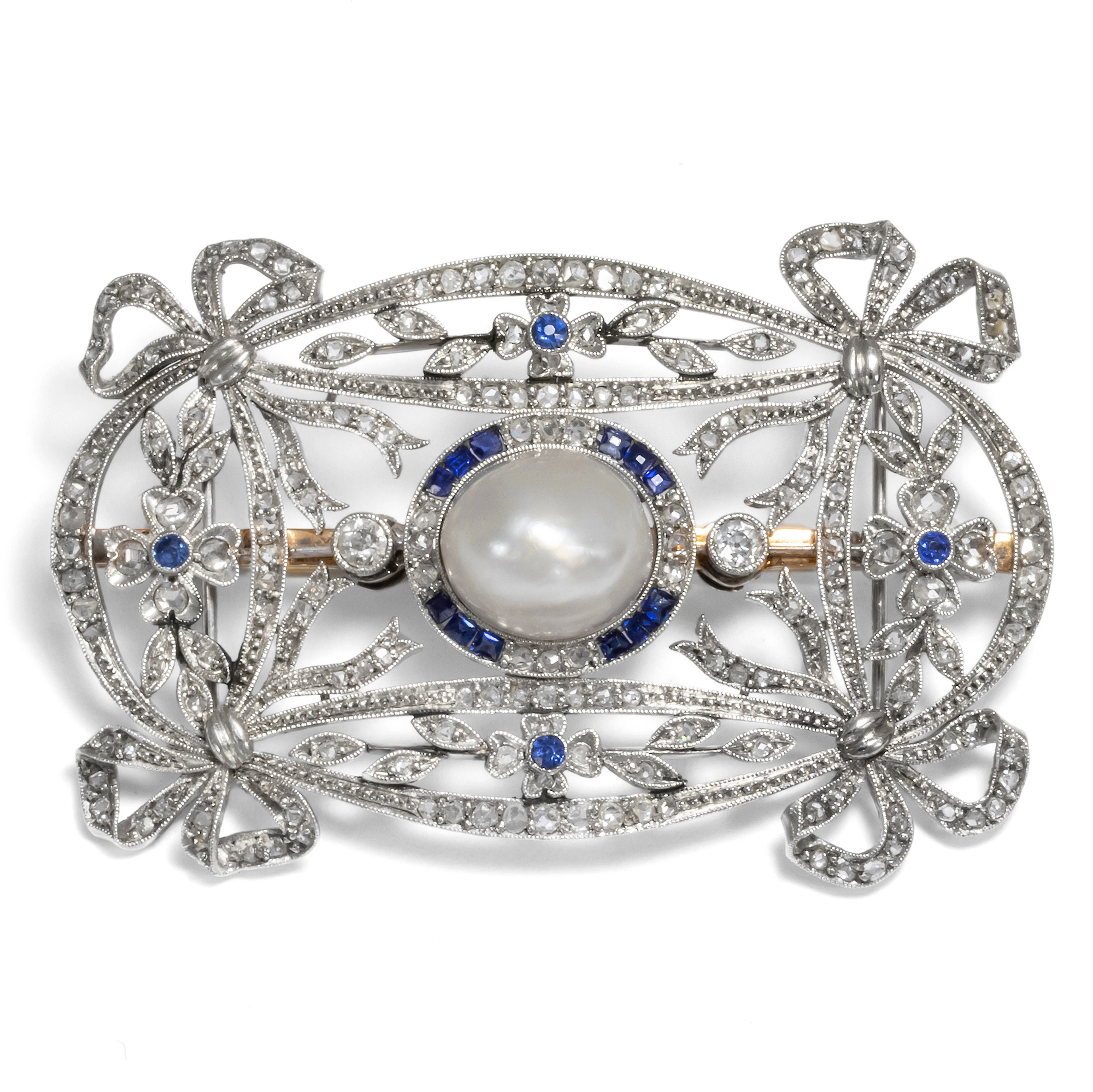 Antique Pendant Brooch With Baroque Pearl, Sapphires & Diamonds, ca. 1910