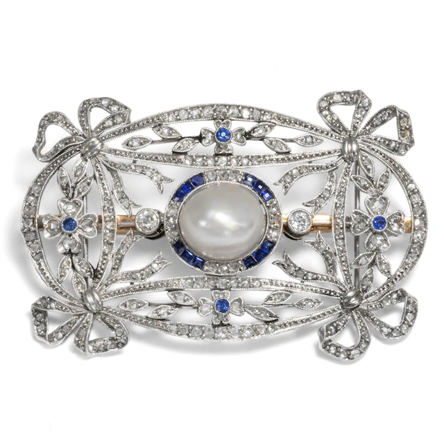 Antique Pendant Brooch With Baroque Pearl, Sapphires & Diamonds, ca. 1910